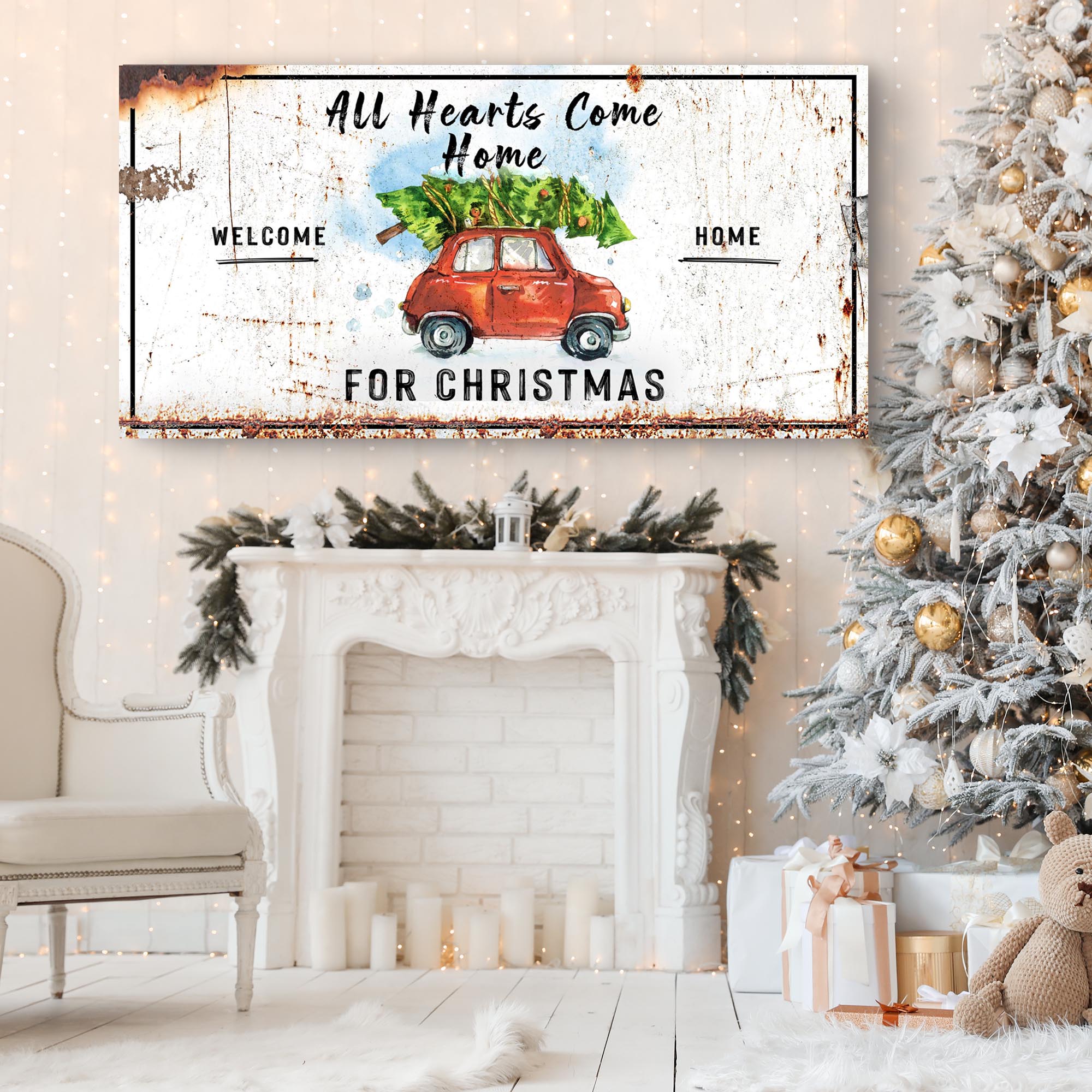 All Hearts Come Home For Christmas Sign on sale at MyriadMart