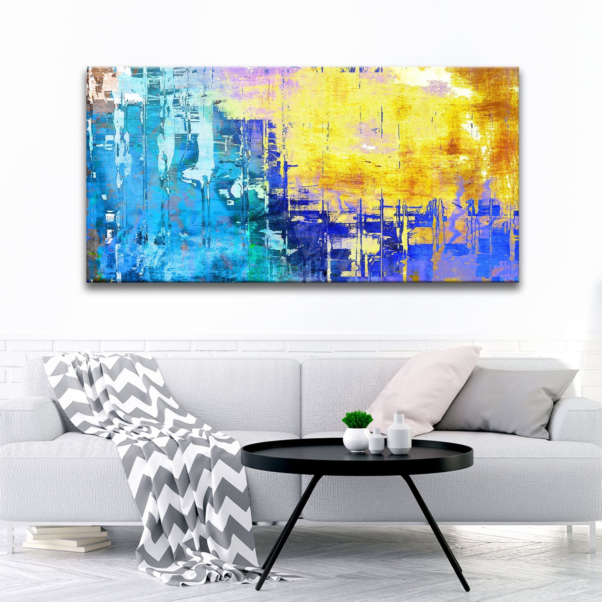 Blue Gold Abstract Painting Canvas Wall Art on sale at MyriadMart