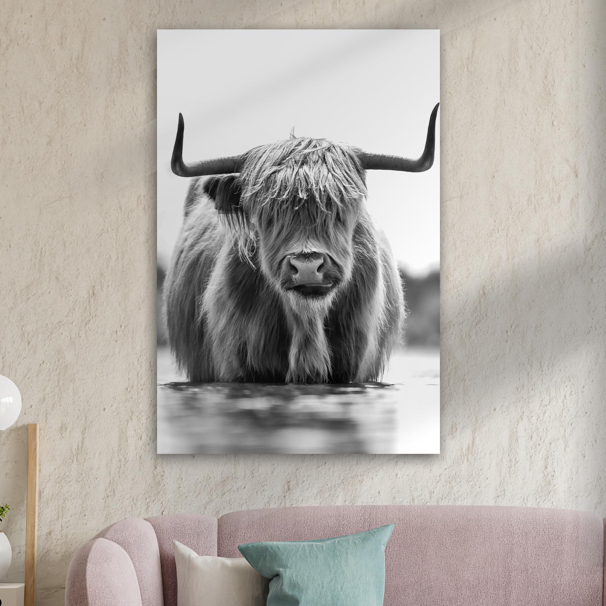 Grayscale Highland Cow Portrait Canvas Wall Art on sale at MyriadMart