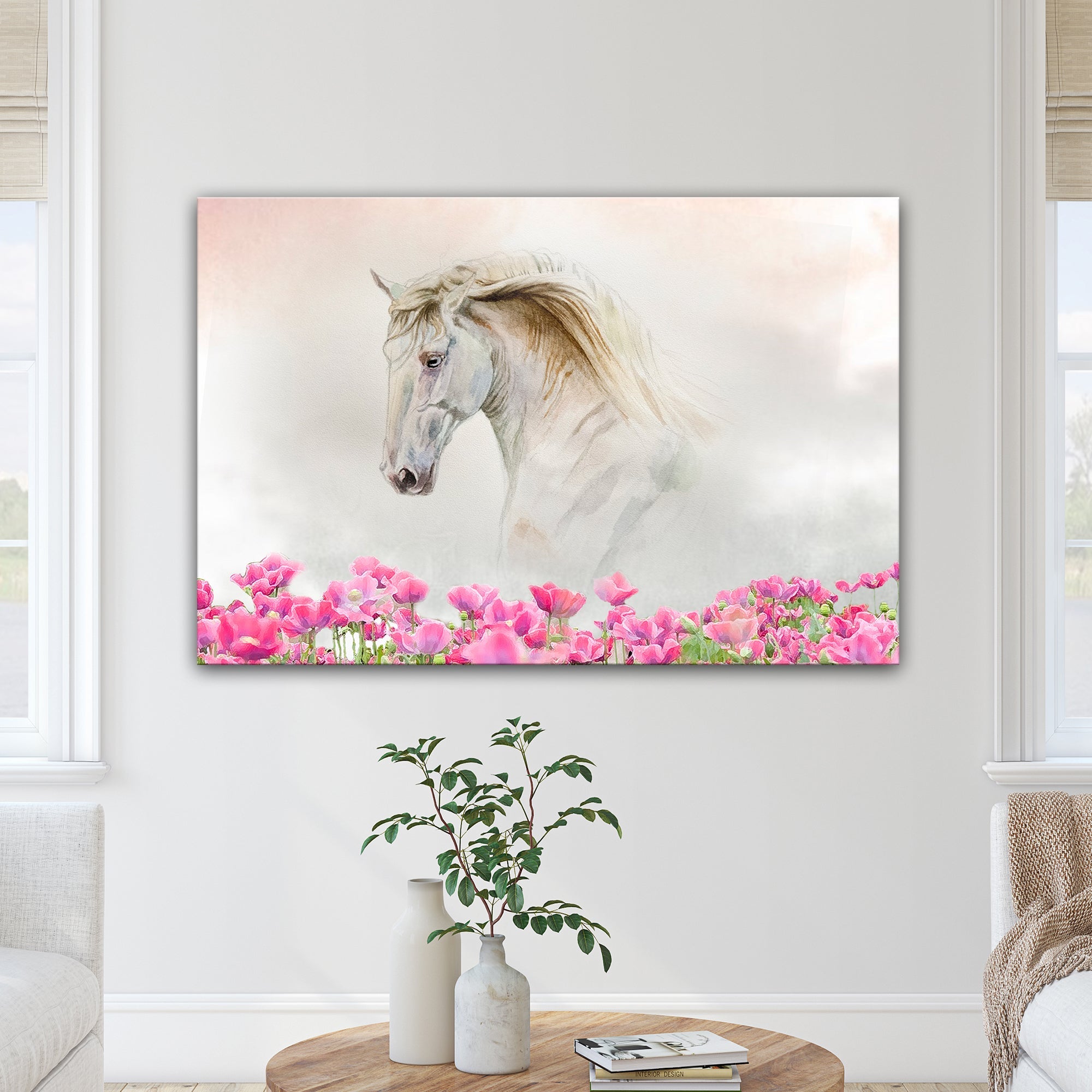Floral White Horse Canvas Wall Art on sale at MyriadMart