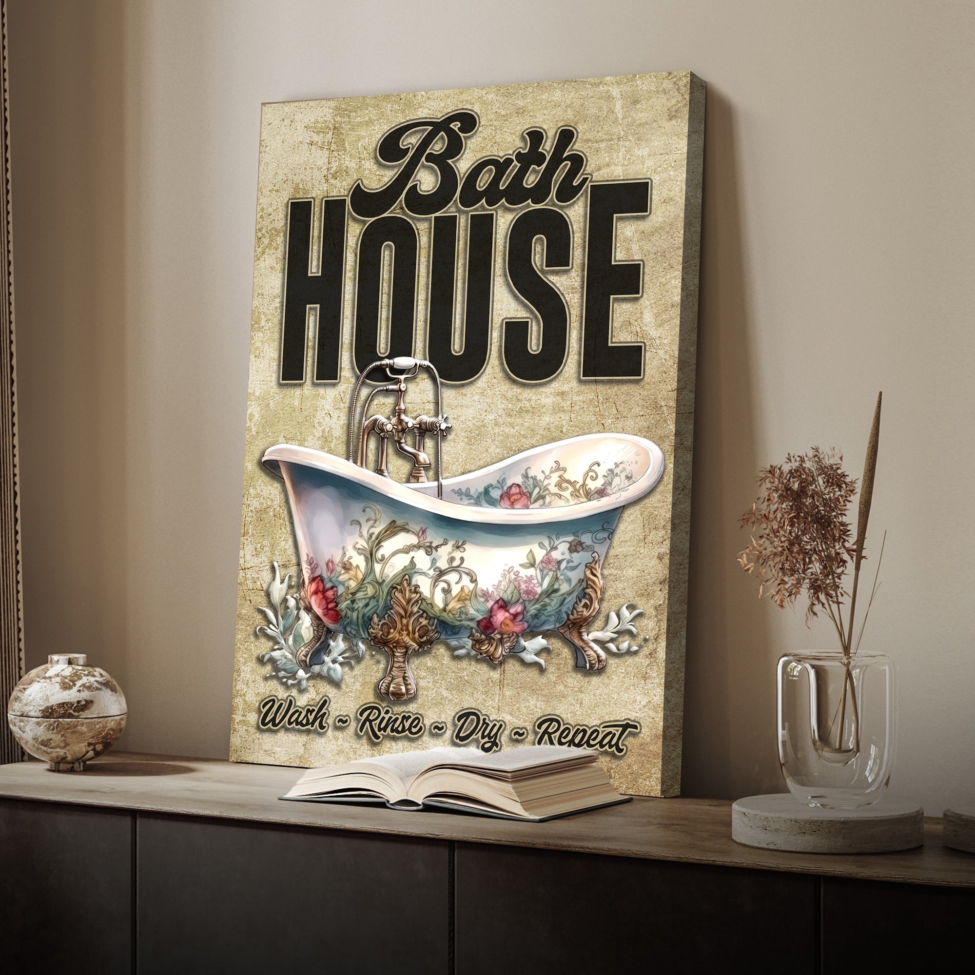 Wash Rinse Dry Repeat Bath House Sign on sale at MyriadMart