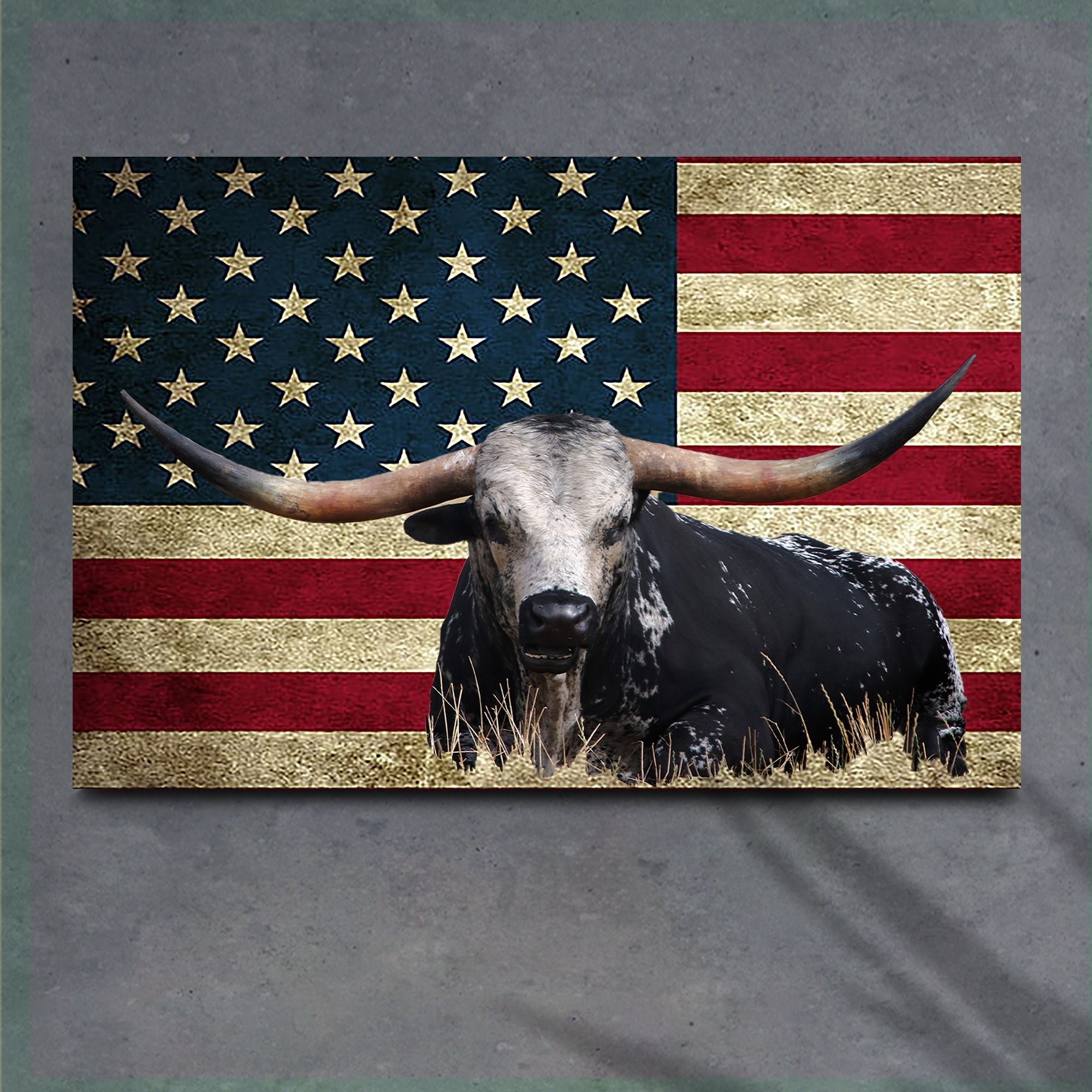 Longhorn Cattle American Flag Canvas Wall Art on sale at MyriadMart