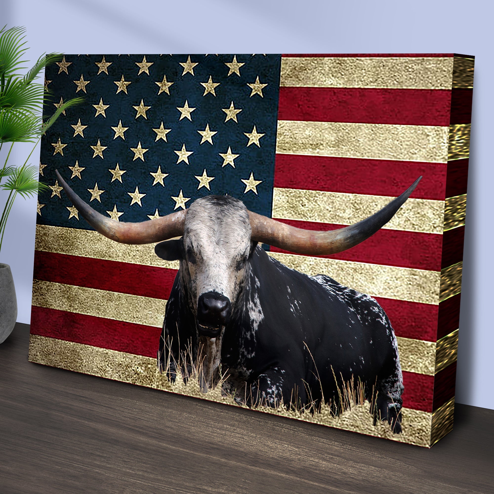 Longhorn Cattle American Flag Canvas Wall Art on sale at MyriadMart