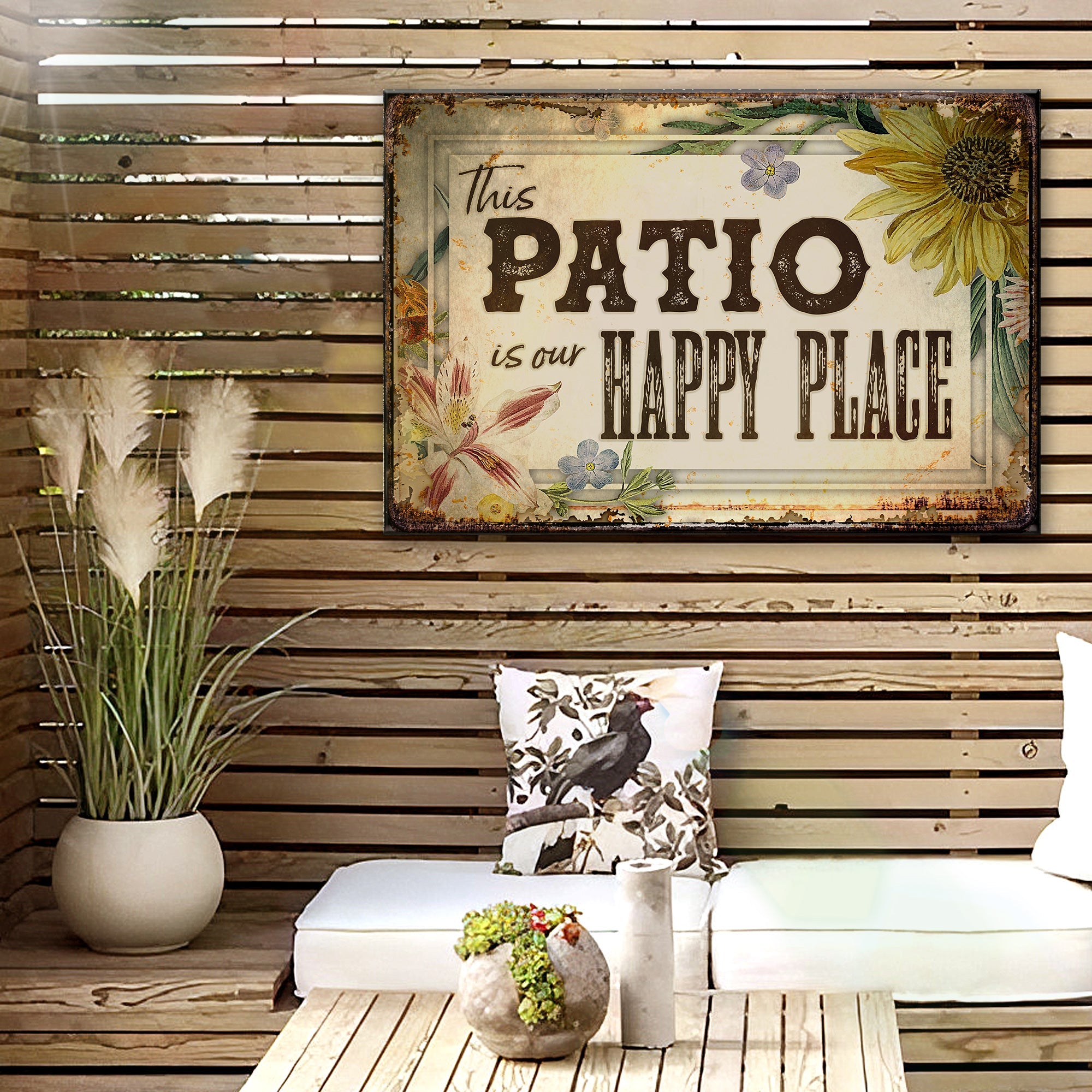This Patio Is Our Happy Place Sign on sale at MyriadMart