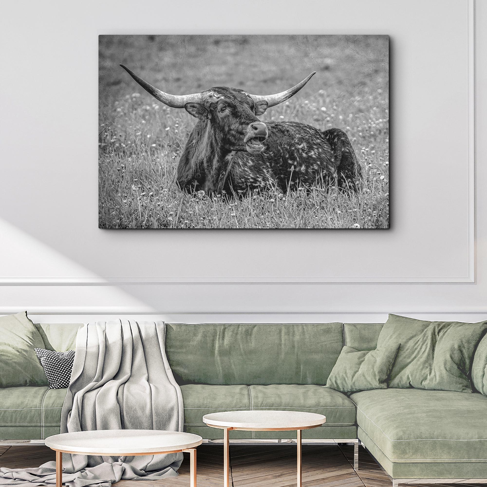 Black And White Longhorn Bull Canvas Wall Art on sale at MyriadMart