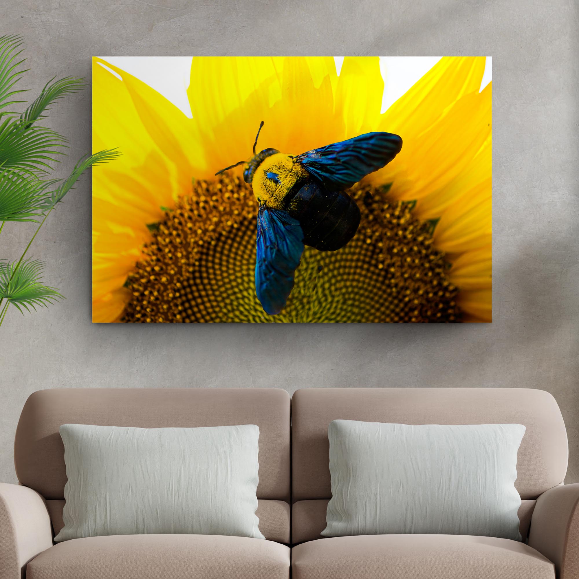 Bee Hoverfly Above A Sunflower Canvas Wall Art on sale at MyriadMart