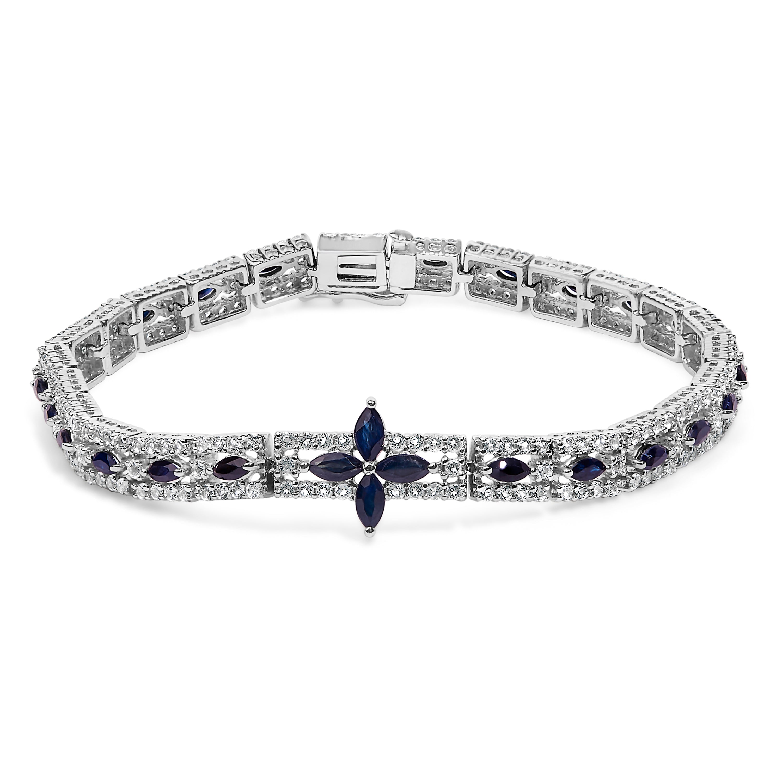 Sterling Silver Dark Blue Sapphire and Topaz Marquise Floral Art Deco Link Bracelet on sale at MyriadMart
