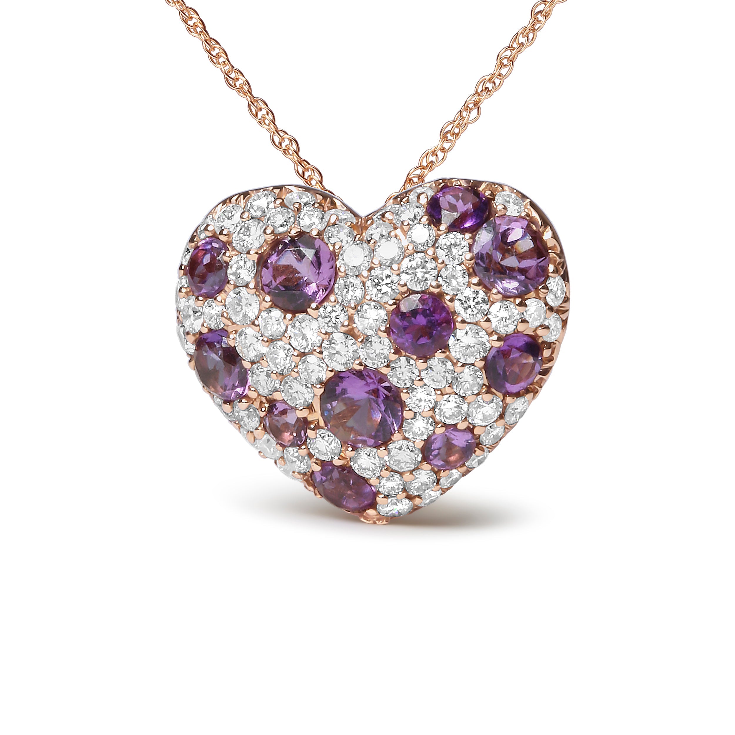 18K Rose Gold 3/4 Cttw Diamond and Purple Amethyst Cluster Heart Shape 18" Pendant Necklace G-H Color, SI1-SI2 Clarity on sale at MyriadMart