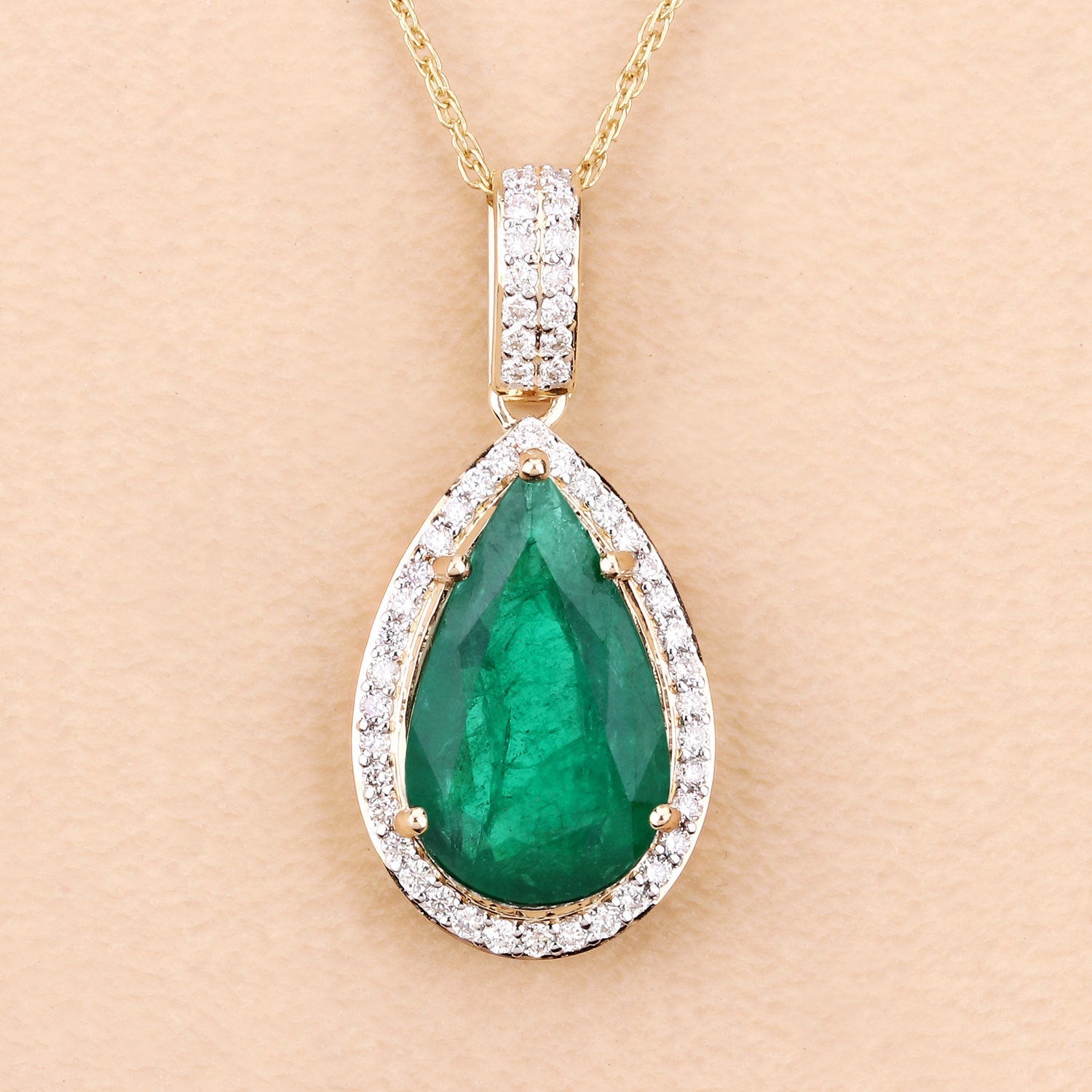 IGI Certified 3.22 Carat Genuine Zambian Emerald and White Diamond 14K Yellow Gold Pendant on sale at MyriadMart