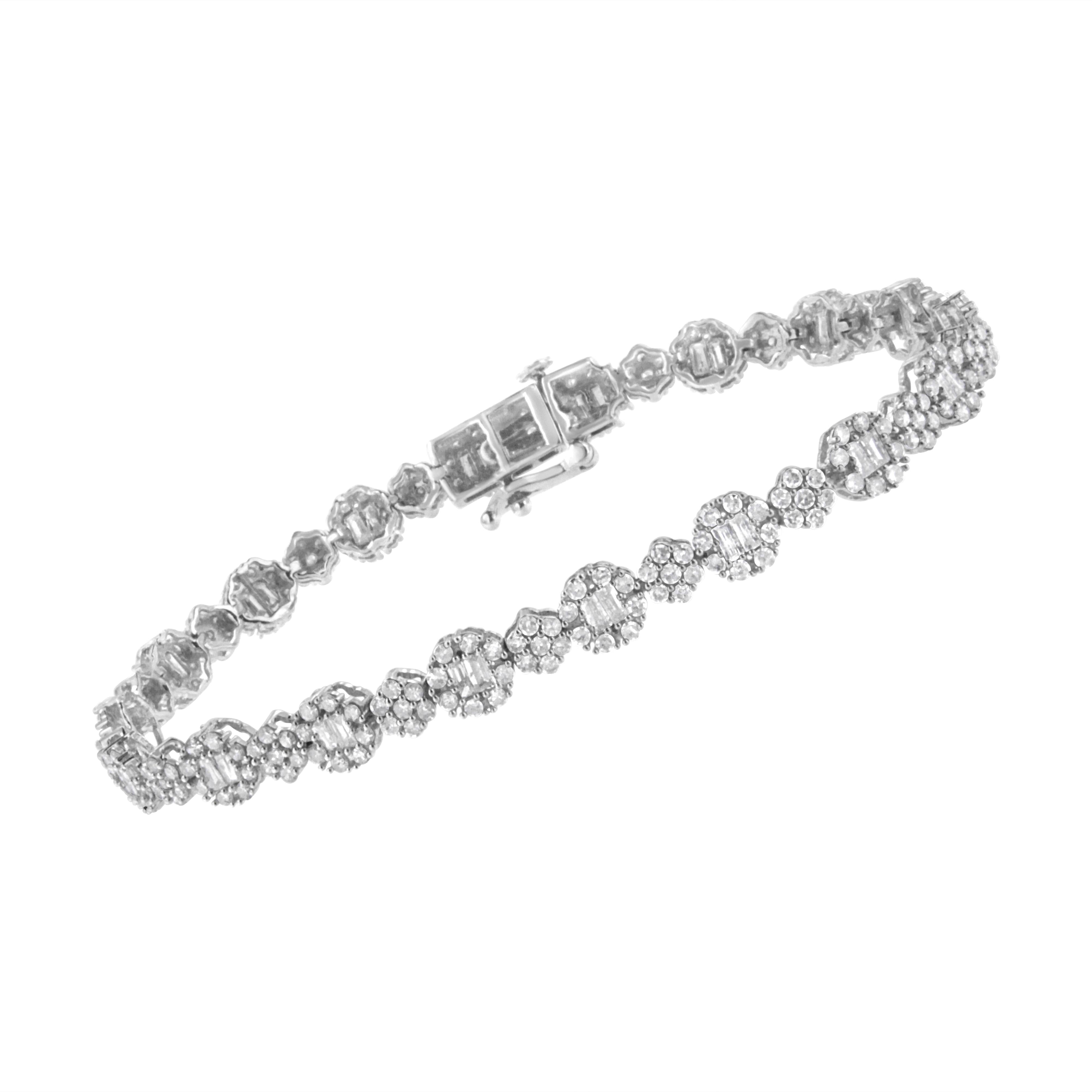 10K White Gold 4.0 cttw Brilliant Round-cut and Baguette Diamond Floral Cluster Link Bracelet I-J Clarity, I1-I2 Color - Size 7" on sale at MyriadMart