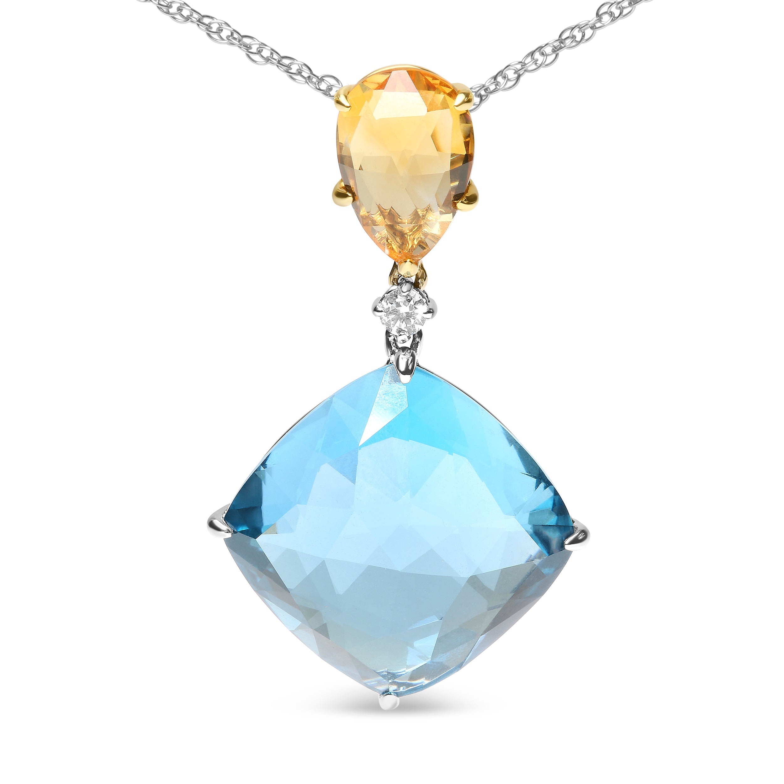 18K White and Yellow Gold Diamond Accent and Yellow Citrine and Sky Blue Topaz Gemstone Dangle Drop 18" Pendant Necklace G-H Color, SI1-SI2 Clarity on sale at MyriadMart