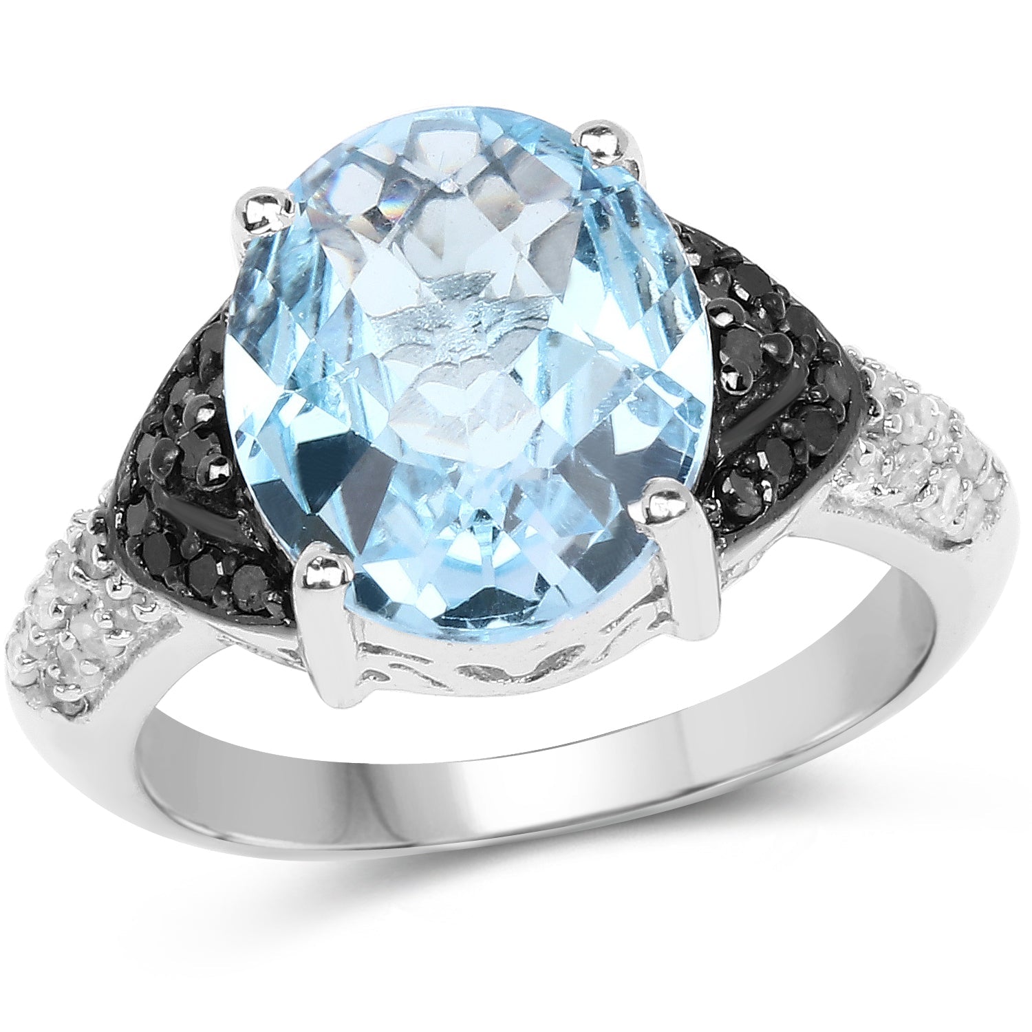 5.37 Carat Genuine Swiss Blue Topaz, Black Diamond & White Topaz .925 Sterling Silver Ring on sale at MyriadMart