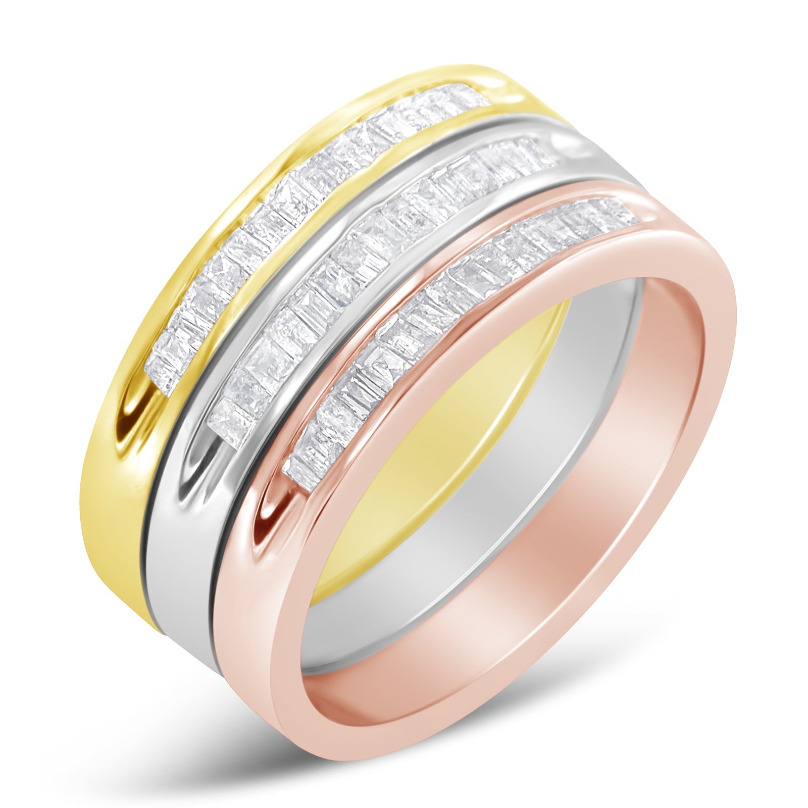 10K Yellow, White and Rose Gold over .925 Sterling Silver 5/8 Cttw Diamond Channel-Set Stackable Band Ring Set H-I Color, I1-I2 Clarity - Size 6 3/4 on sale at MyriadMart