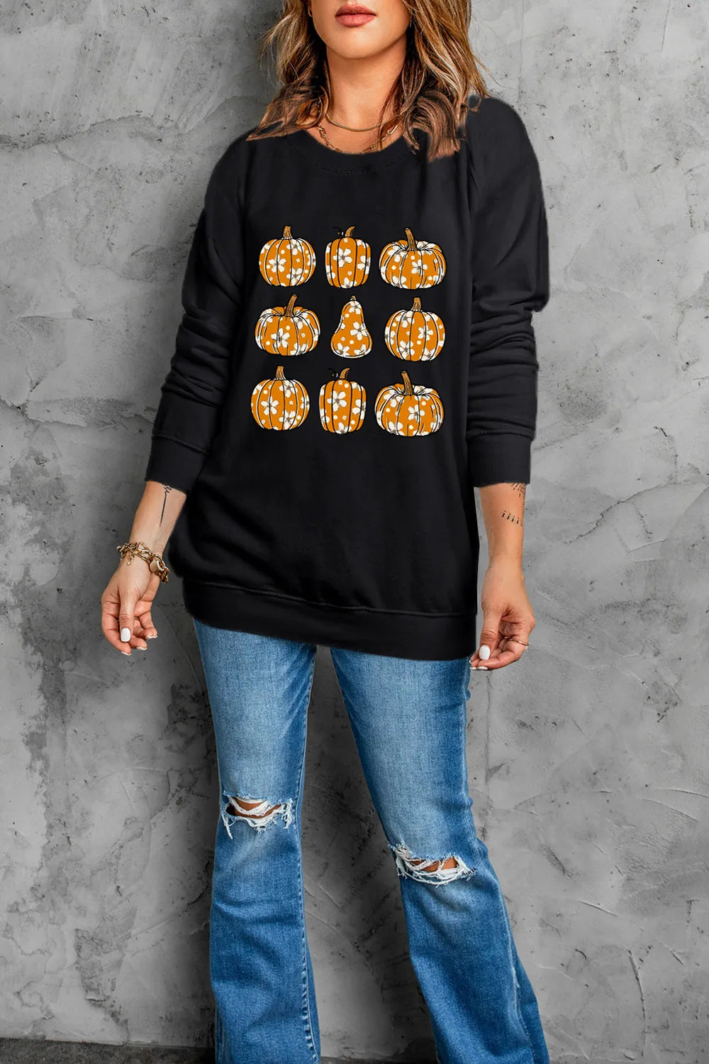 Pumpkin Round Neck Long Sleeve Sweatshirt - MyriadMart