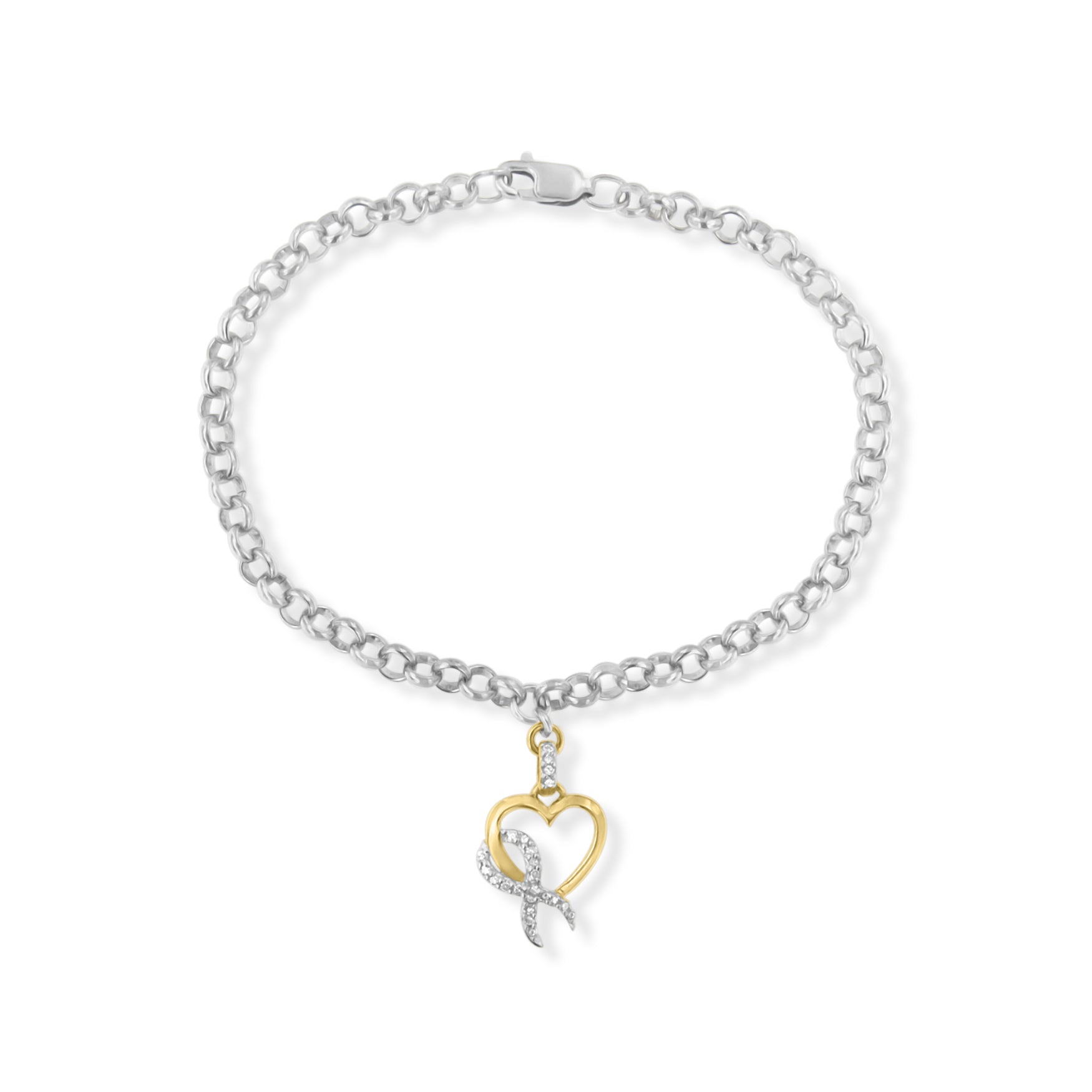10K Yellow Gold 1/10 Cttw Diamond Awareness Ribbon & Heart Charm on 7" .925 Sterling Silver Rolo Bracelet H-I Color, I1-I2 Clarity on sale at MyriadMart