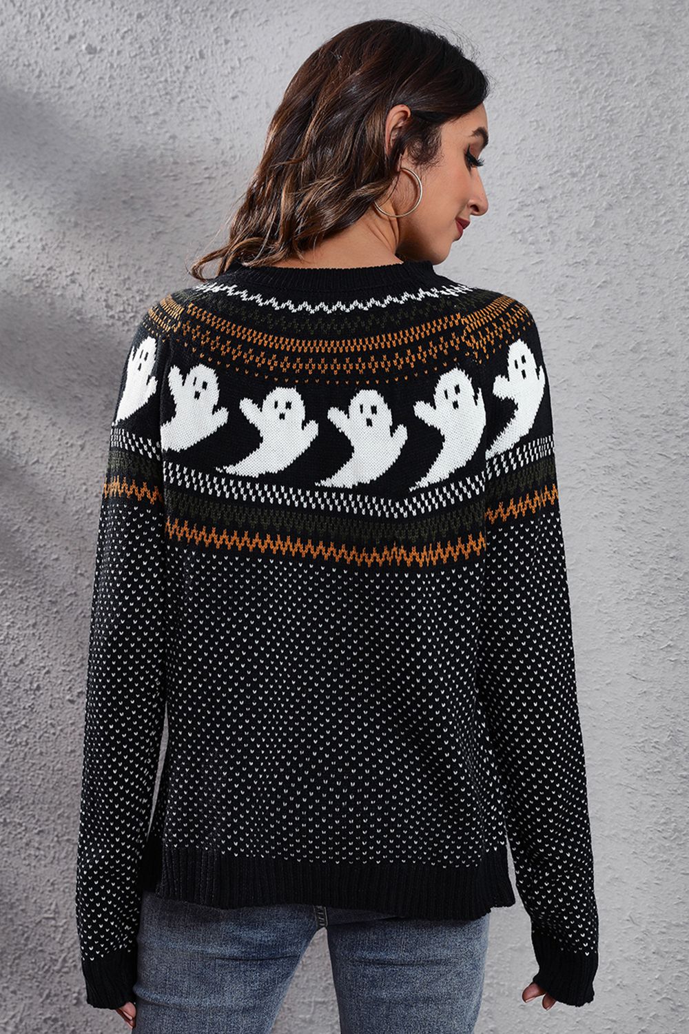 Ghost Pattern Round Neck Long Sleeve Sweater - MyriadMart