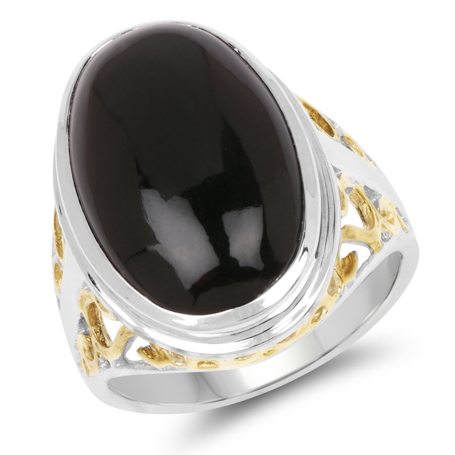 Two Tone Plated 10.92 Carat Genuine Black Onyx .925 Sterling Silver Ring on sale at MyriadMart