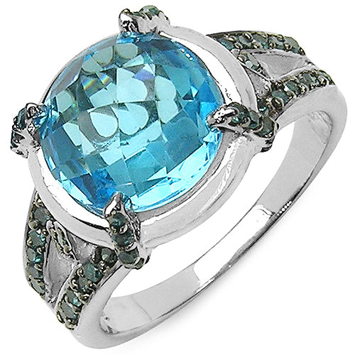 5.43 Carat Genuine Swiss Blue Topaz & Blue Diamond .925 Sterling Silver Ring on sale at MyriadMart