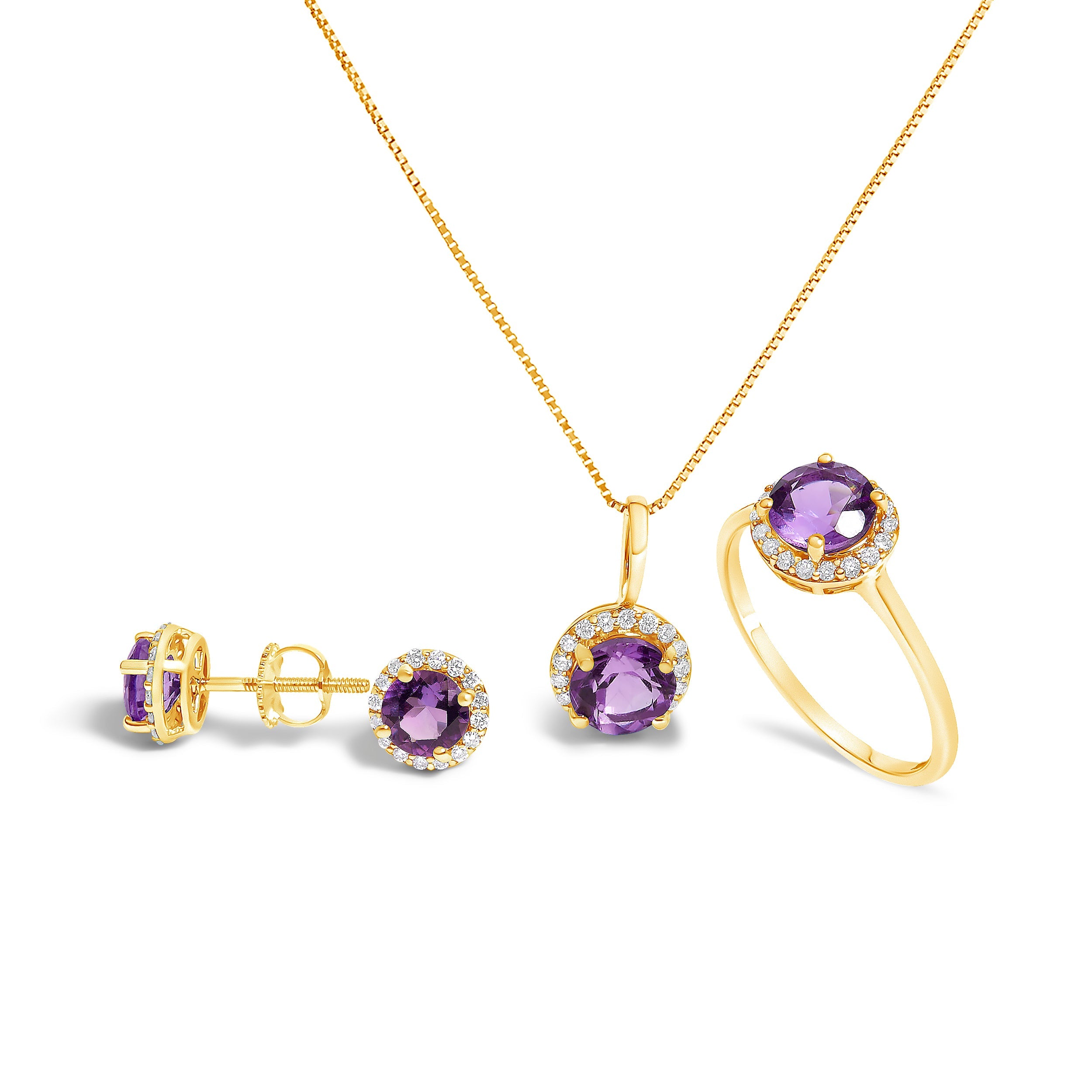 10K White Gold Purple Amethyst and 3/8 Cttw Diamond Halo Jewelry Set Earrings, Pendant & Ring on sale at MyriadMart