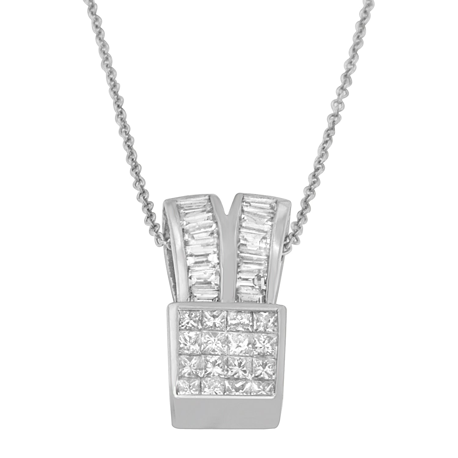 14K White Gold 1 5/8 cttw Princess and Baguette Cut Diamond Heart Ribbon Pendant Necklace G-H, VS1-VS2 on sale at MyriadMart