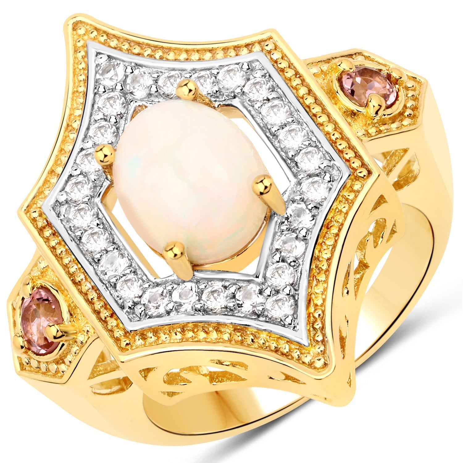1.81 Carat Genuine Ethiopian Opal, Pink Tourmaline and White Topaz .925 Sterling Silver Ring on sale at MyriadMart