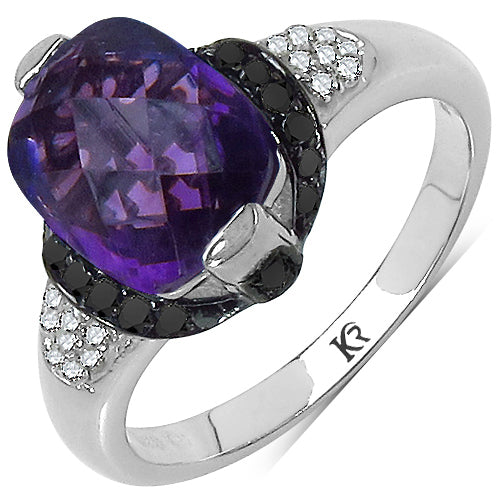 3.71 Carat Genuine Amethyst, Black Diamond & White Diamond .925 Sterling Silver Ring on sale at MyriadMart