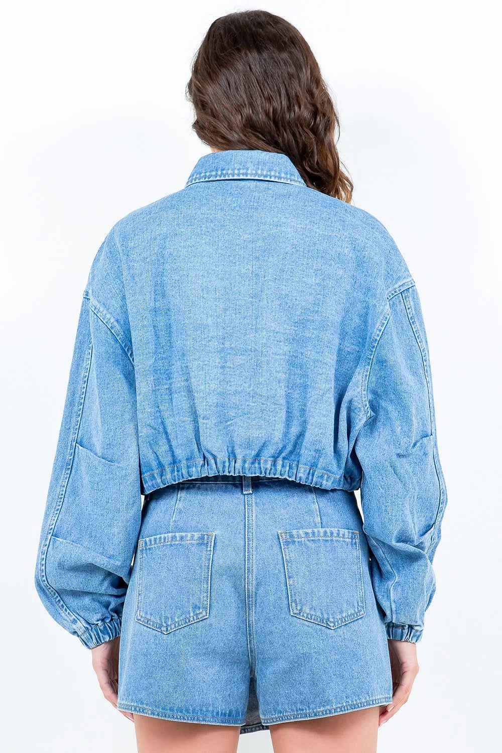 American Bazi Drawstring Waist Crop Denim Jacket - MyriadMart