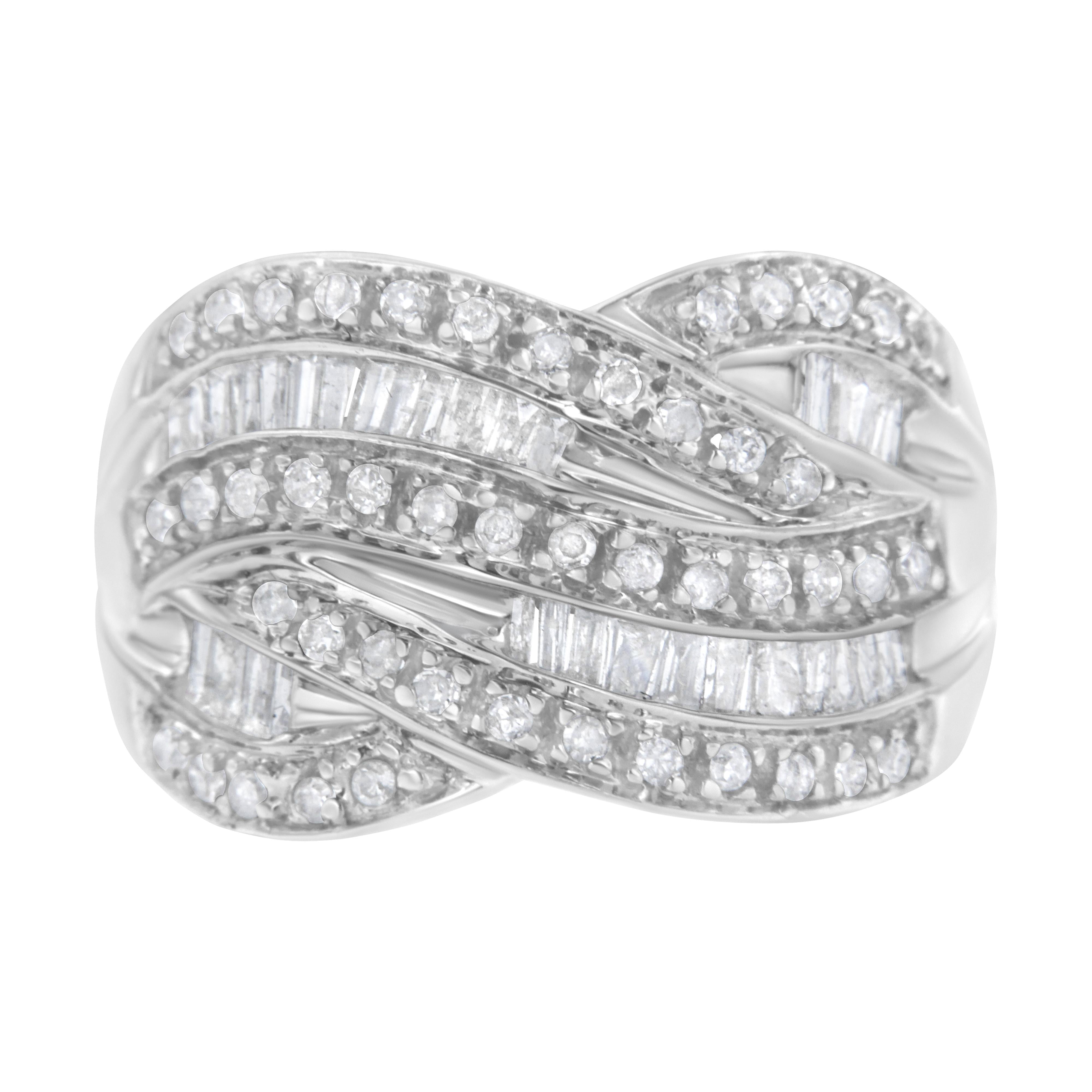 .925 Sterling Silver 1.0 Cttw Channel Set Alternating Round and Baguette Diamond Cross-over Bypass Ring Band I-J Color, I2-I3 Clarity - Size 7 on sale at MyriadMart