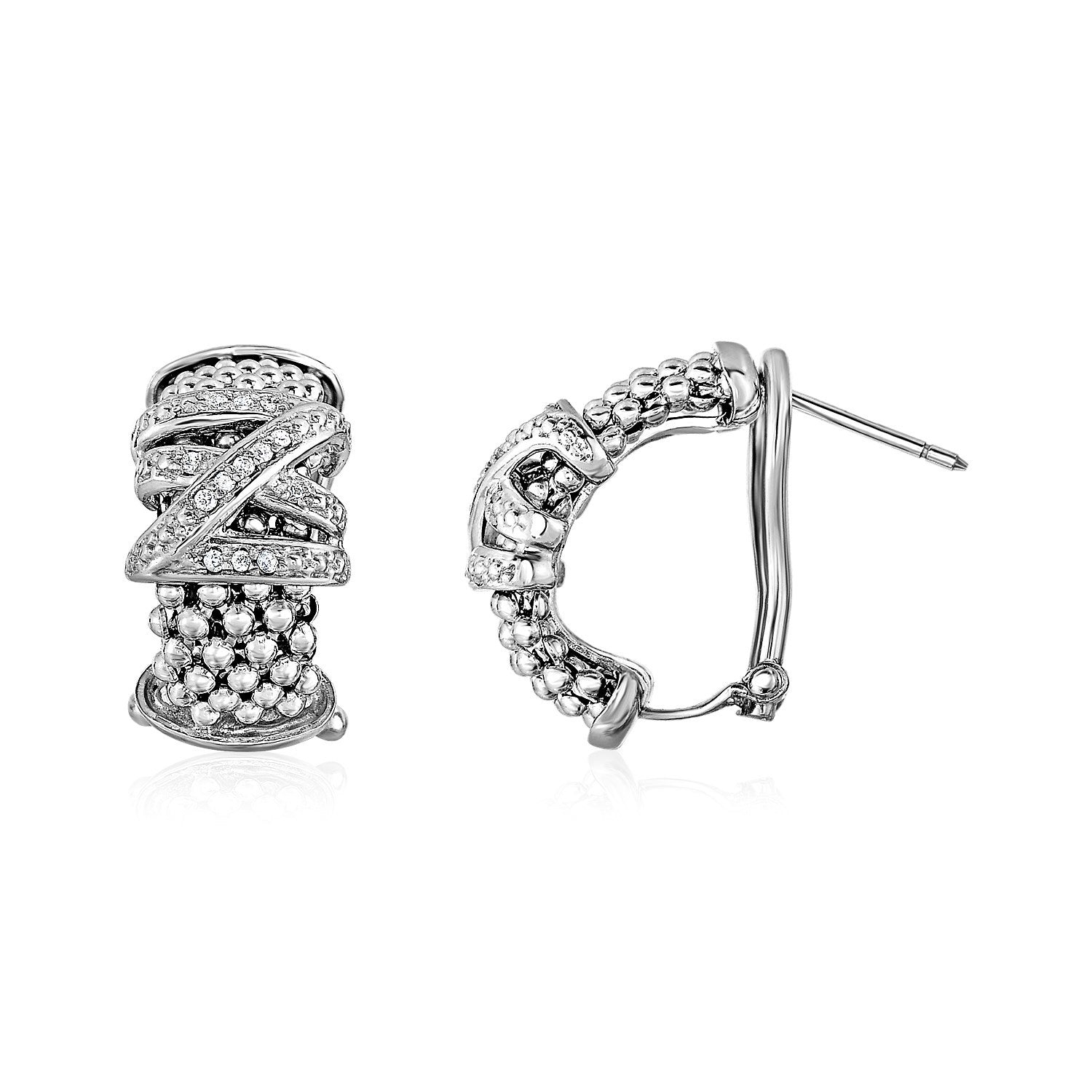 Popcorn Texture Earrings with Crossover Motif and Diamonds in Sterling Silver on sale at MyriadMart