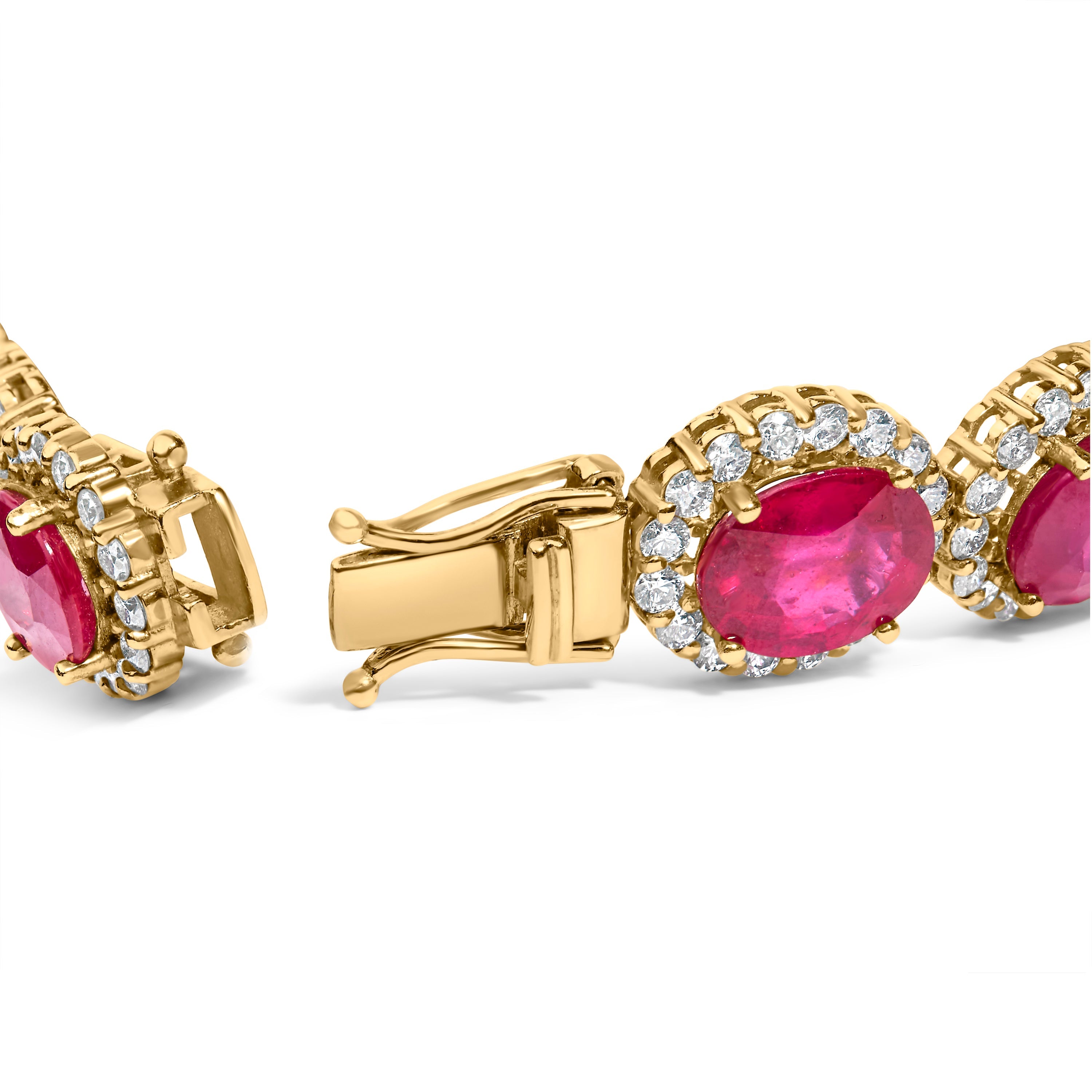 14K Yellow Gold 6 2/5 Cttw Diamond and 34.0 Cttw Oval Red Ruby Halo Link Bracelet I-J Color, SI1-SI2 Clarity - 7.25" Inches on sale at MyriadMart