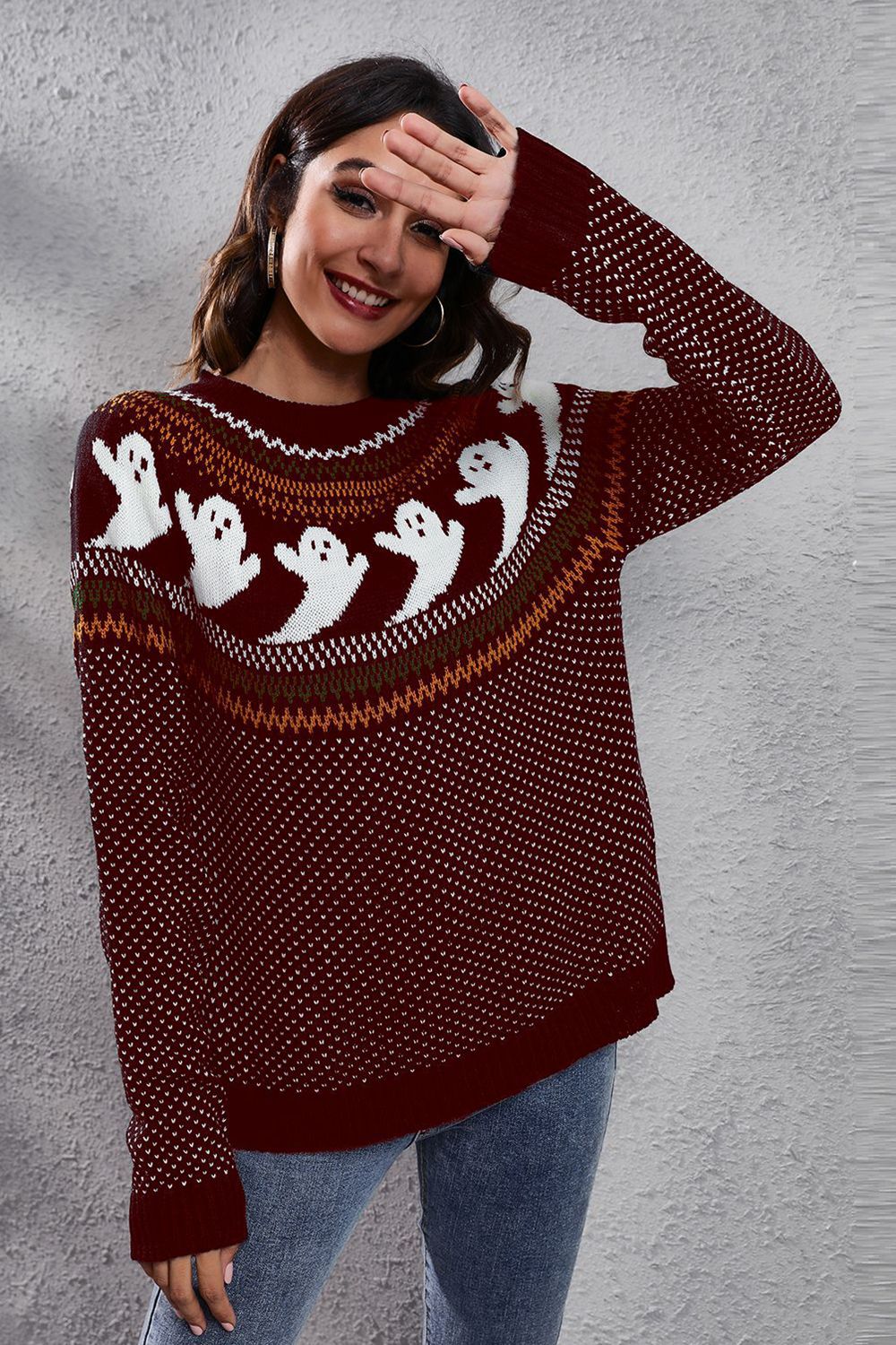 Ghost Pattern Round Neck Long Sleeve Sweater - MyriadMart