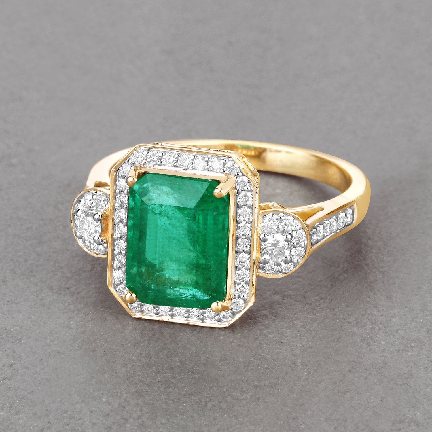 IGI Certified 2.87 Carat Genuine Zambian Emerald and White Diamond 14K Yellow Gold Ring on sale at MyriadMart