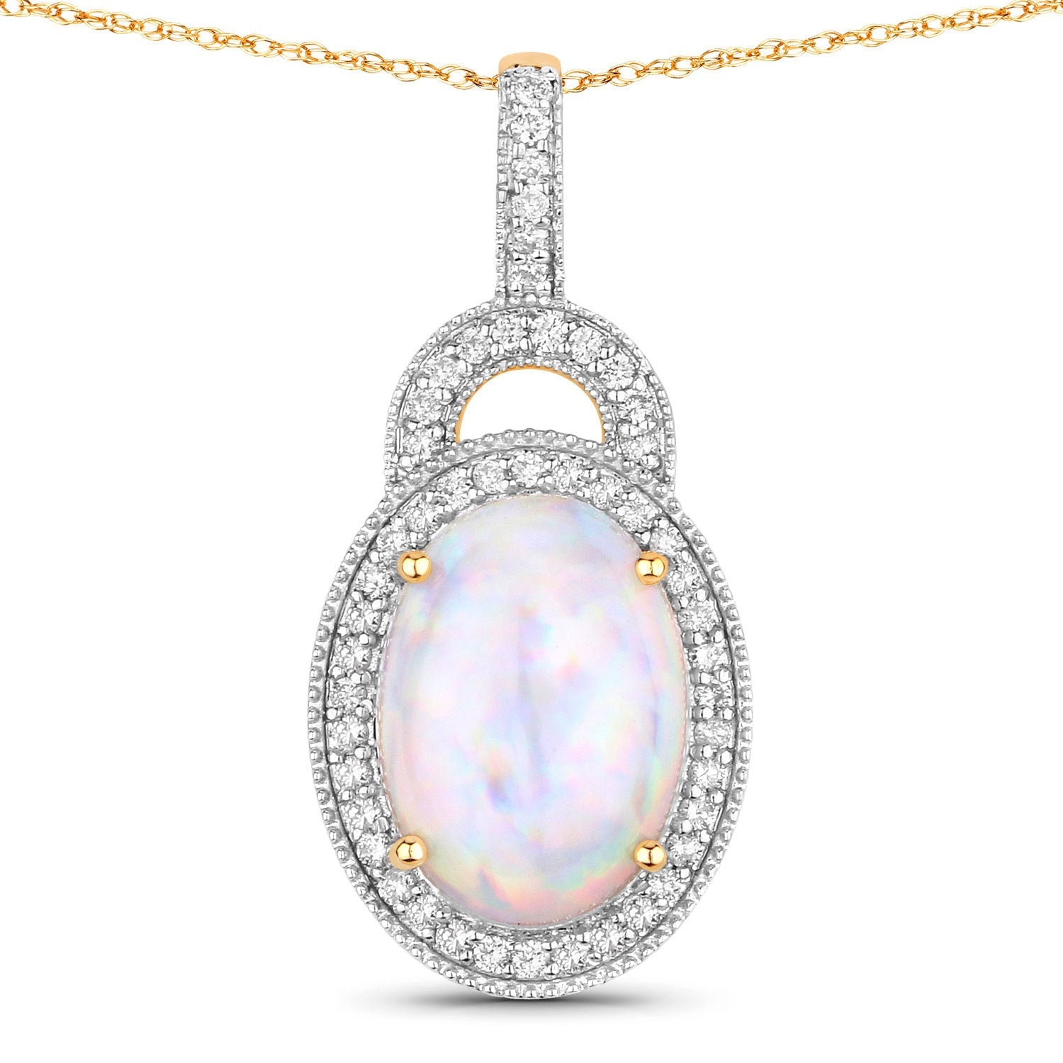 3.30 Carat Genuine Ethiopian Opal and White Diamond 14K Yellow Gold Pendant on sale at MyriadMart
