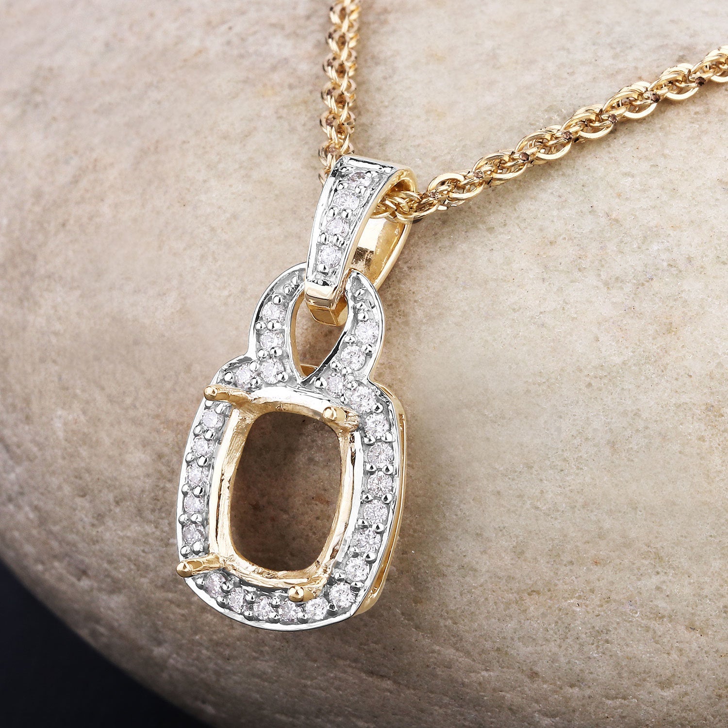 0.25 Carat Genuine White Diamond 14K Yellow Gold Semi Mount Pendant - holds 9x7mm Cushion Gemstone on sale at MyriadMart