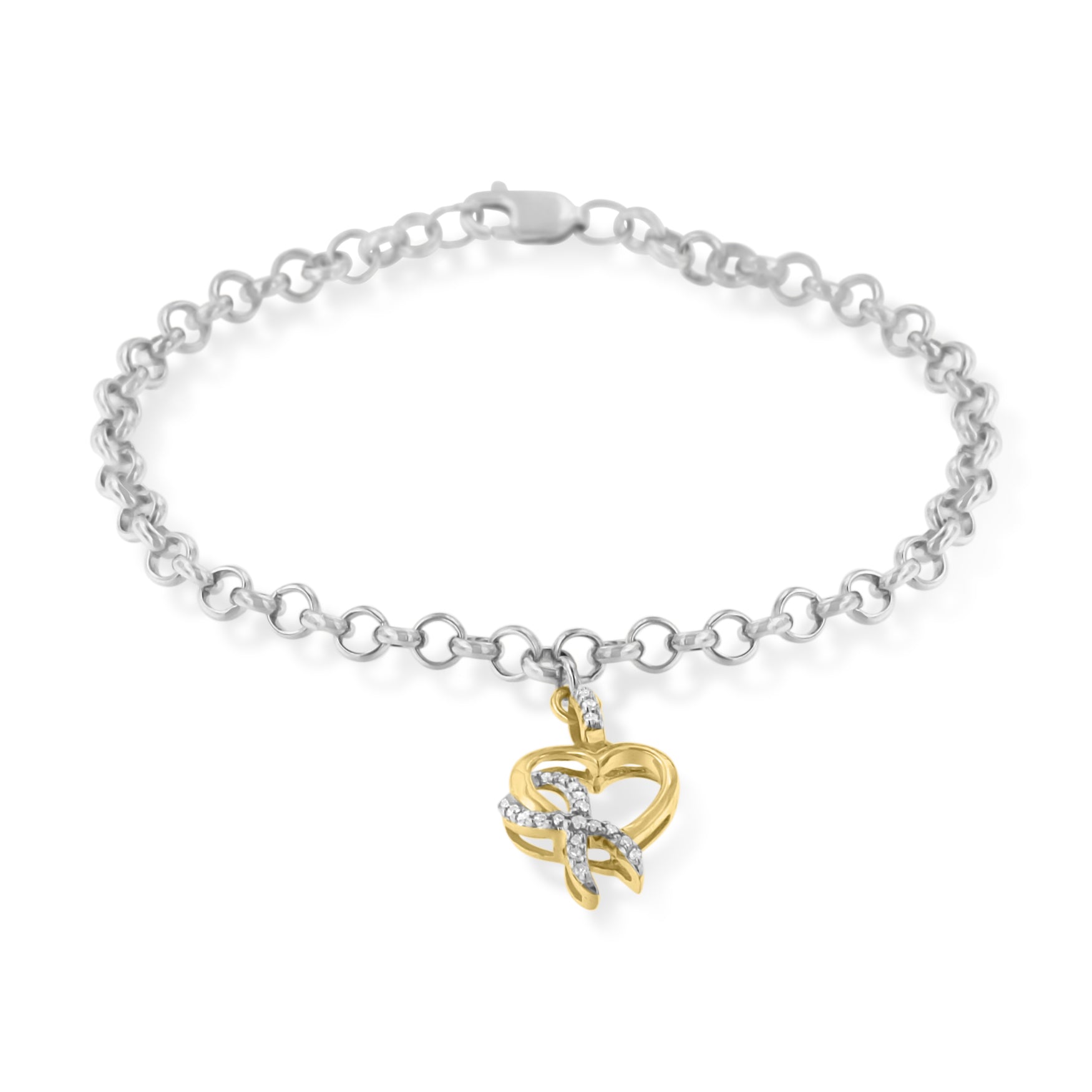10K Yellow Gold 1/10 Cttw Diamond Awareness Ribbon & Heart Charm on 7" .925 Sterling Silver Rolo Bracelet H-I Color, I1-I2 Clarity on sale at MyriadMart