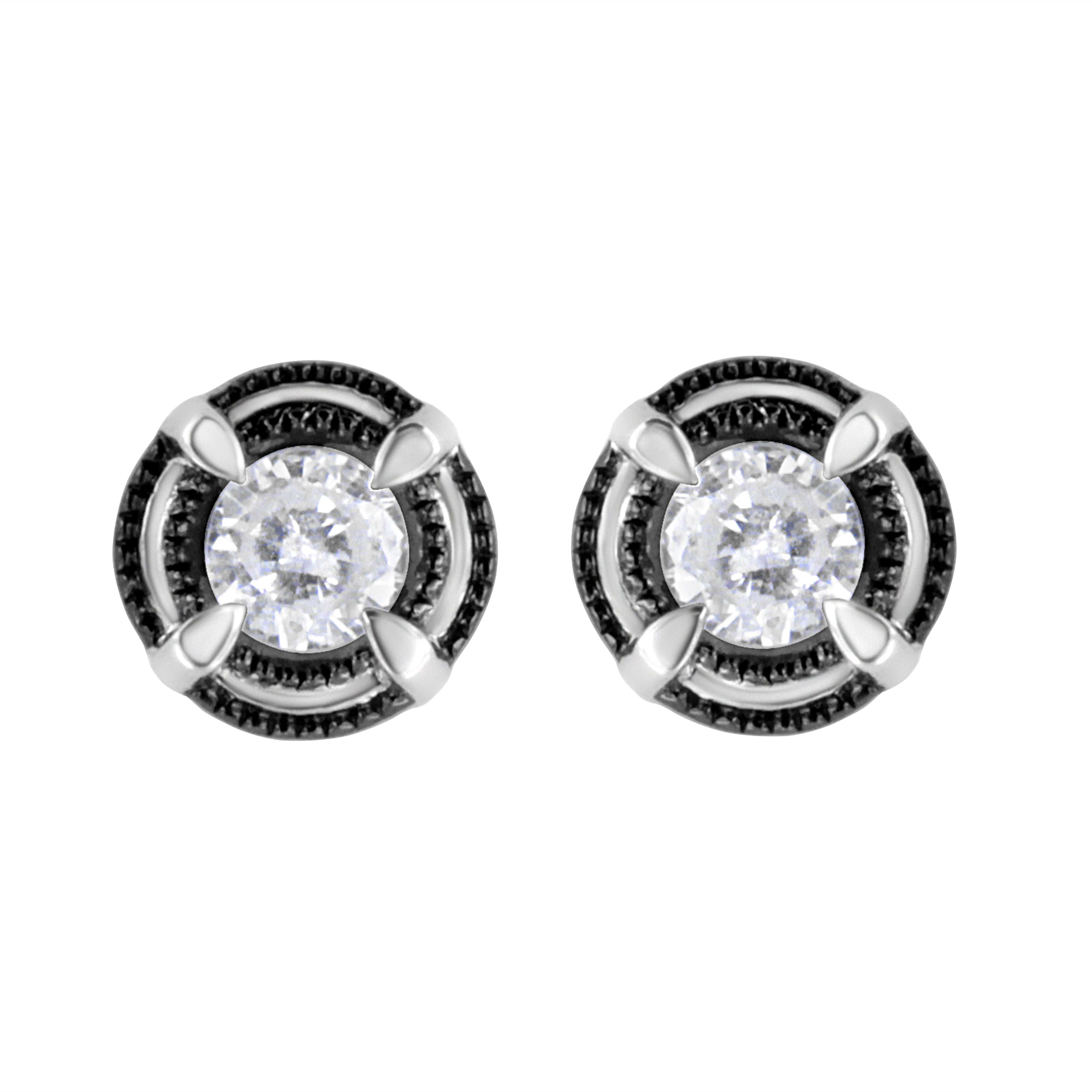 Black Rhodium Plated .925 Sterling Silver Round 1-1/2 cttw Diamond Double Halo 4-Prong Solitaire Milgrain Stud Earrings H-I Color, I2-I3 Clarity on sale at MyriadMart
