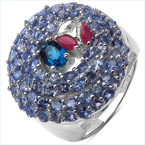 3.31 Carat Genuine London Blue Topaz , Ruby & Tanzanite .925 Sterling Silver Ring on sale at MyriadMart
