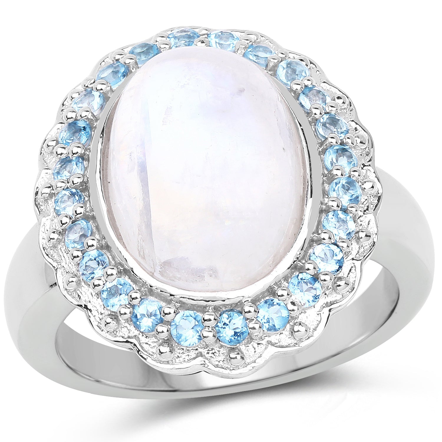 7.21 Carat Genuine White Rainbow Moonstone & Swiss Blue Topaz .925 Sterling Silver Ring on sale at MyriadMart