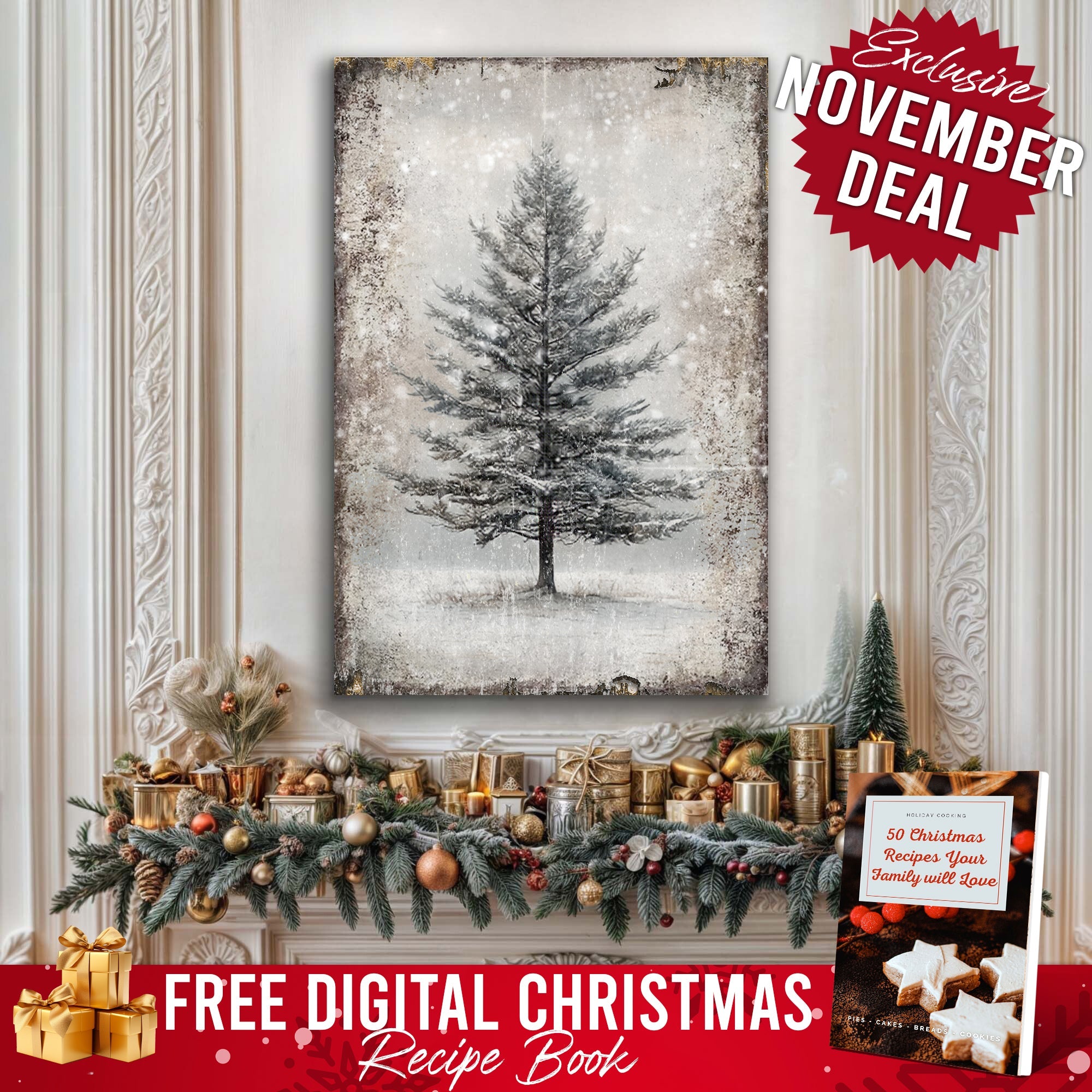 Vintage Christmas Tree Wall Art with Free Christmas Recipe Book on sale at MyriadMart