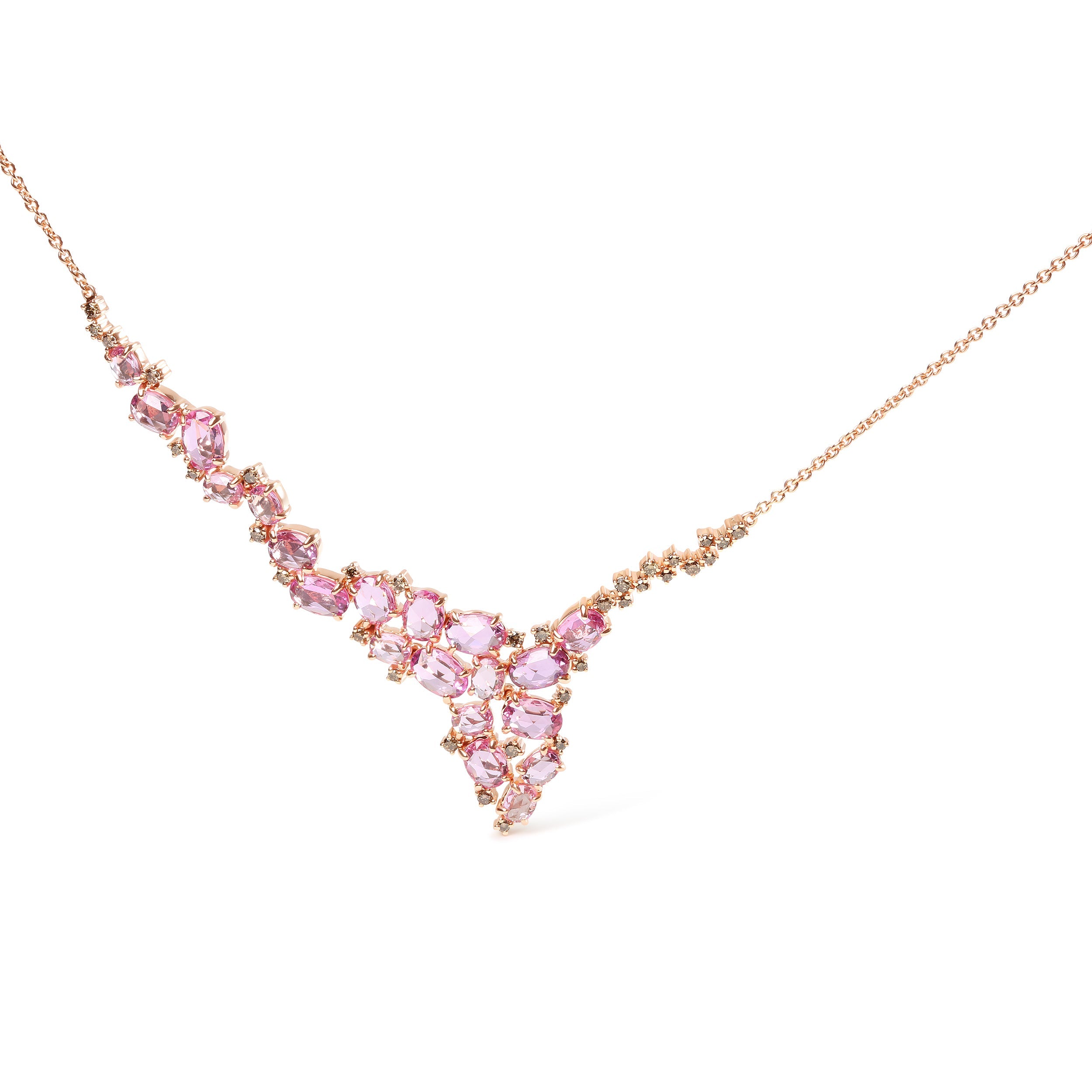 18K Rose Gold 1/2 Cttw Brown Diamond and Multi-Size Oval Pink Sapphire Cluster Cascade Statement Station Necklace Brown Color, SI1-SI2 Clarity - Adjustable up to 14" to 16" on sale at MyriadMart