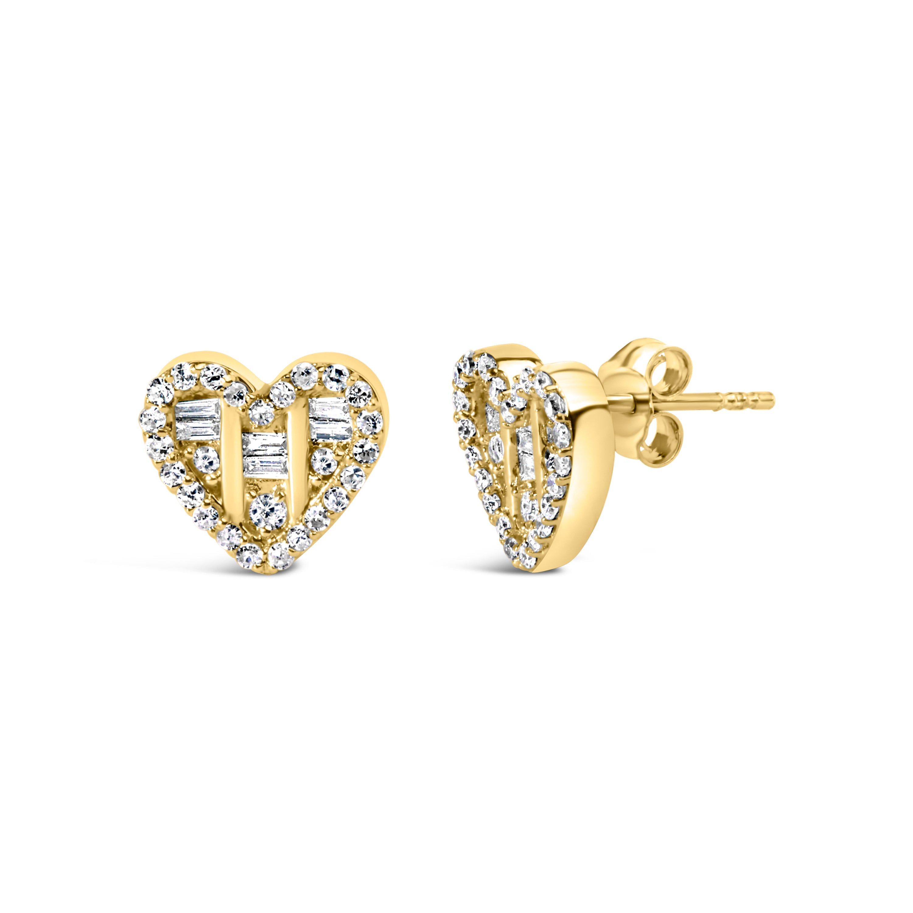 14K Yellow Gold Plated .925 Sterling Silver 1/2 Cttw Round and Baguette Diamond Composite Heart Shaped Stud Earring I-J Color, SI2-I1 Clarity on sale at MyriadMart