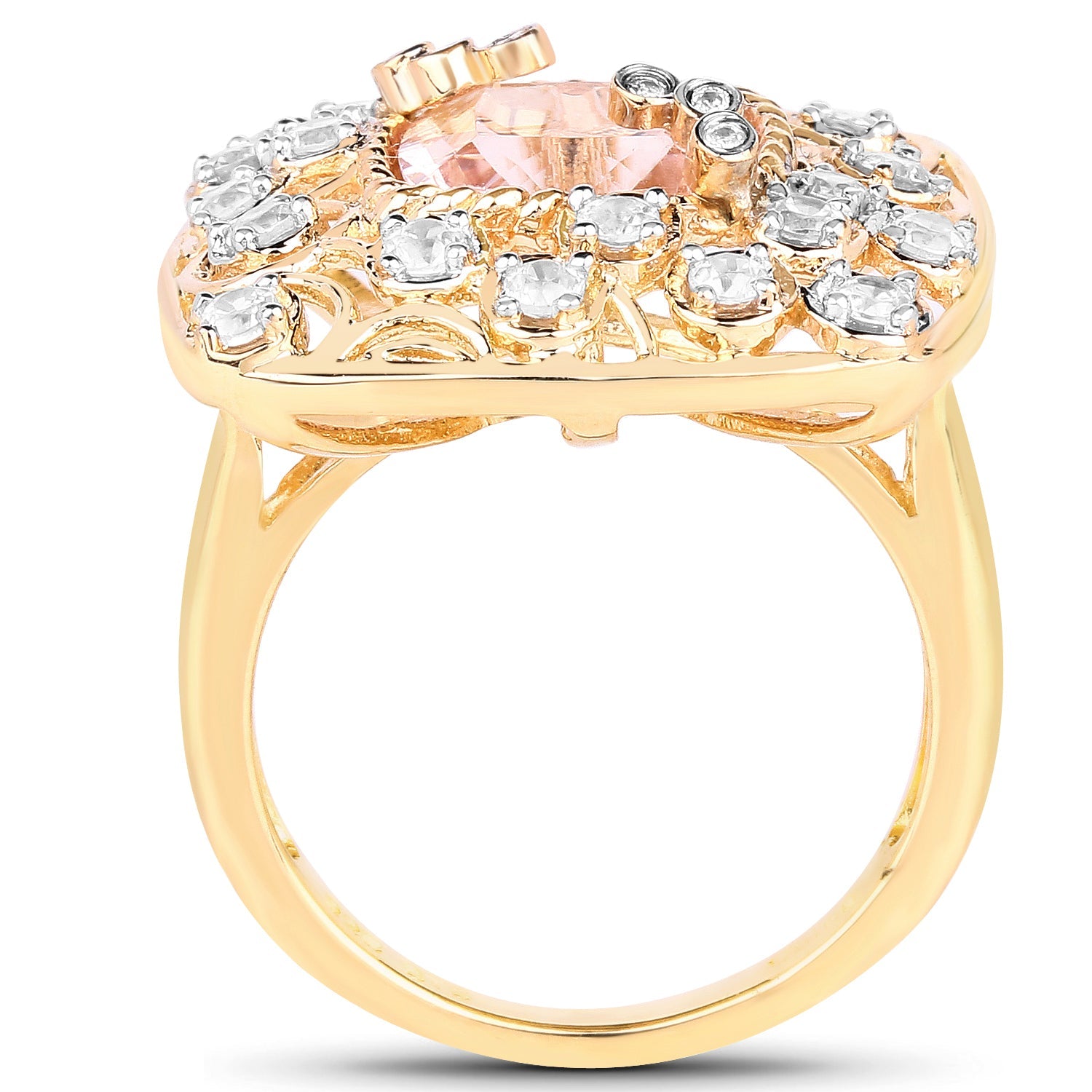 14K Yellow Gold Plated 3.33 Carat Synthartic Morganite and White Topaz .925 Sterling Silver Ring on sale at MyriadMart