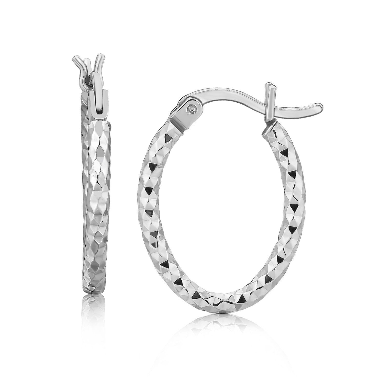 Sterling Silver Rhodium Plated Small Oval Hoop Diamond Cut Textured Earrings on sale at MyriadMart