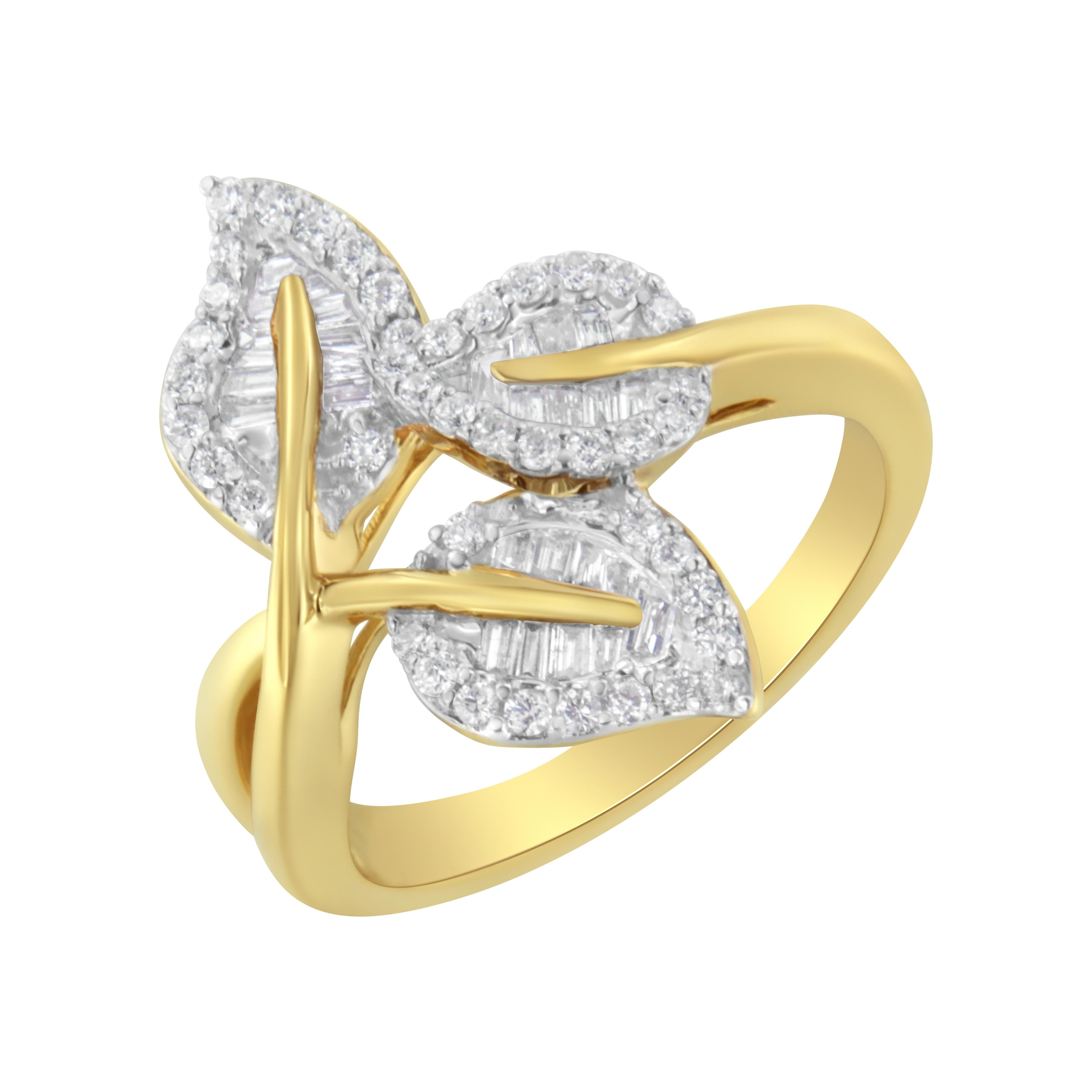 10k Yellow and White Gold 1/2 Cttw Baguette and Round Diamond Bypass Triple Leaf Ring I-J Color, I1-I2 Clarity - Size 7 on sale at MyriadMart