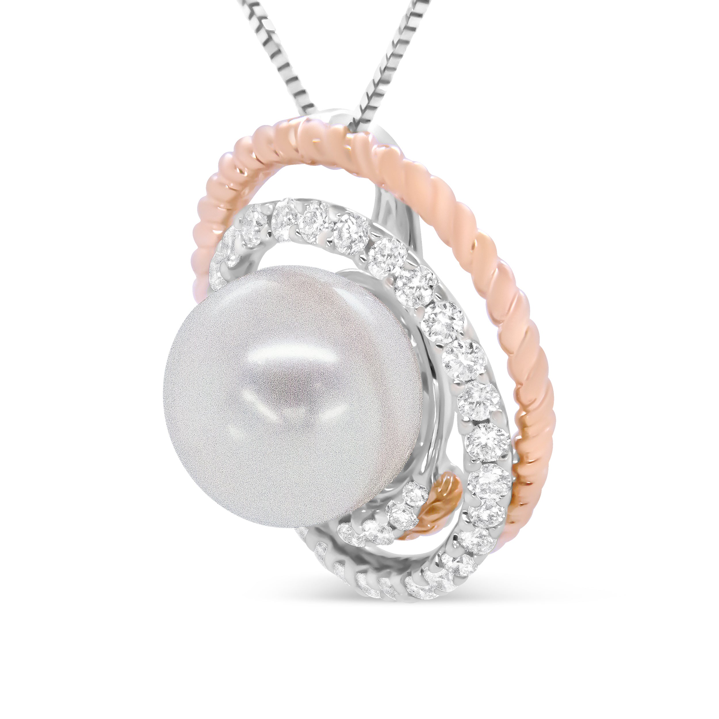 14K Rose and White Gold 3/8 Cttw Pave Diamond and 9mm Round Pearl Spiral Openwork 18" Pendant Necklace- H-I Color, VS1-VS2 Clarity on sale at MyriadMart