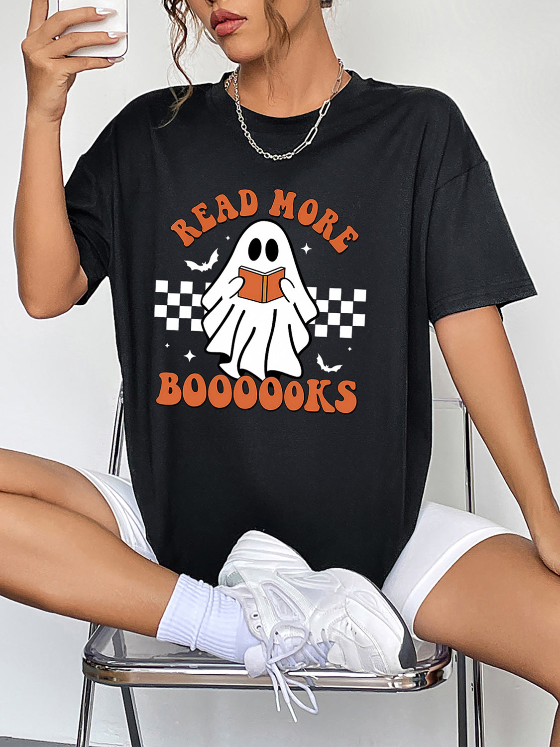 Round Neck Short Sleeve Ghost Graphic T-Shirt - MyriadMart
