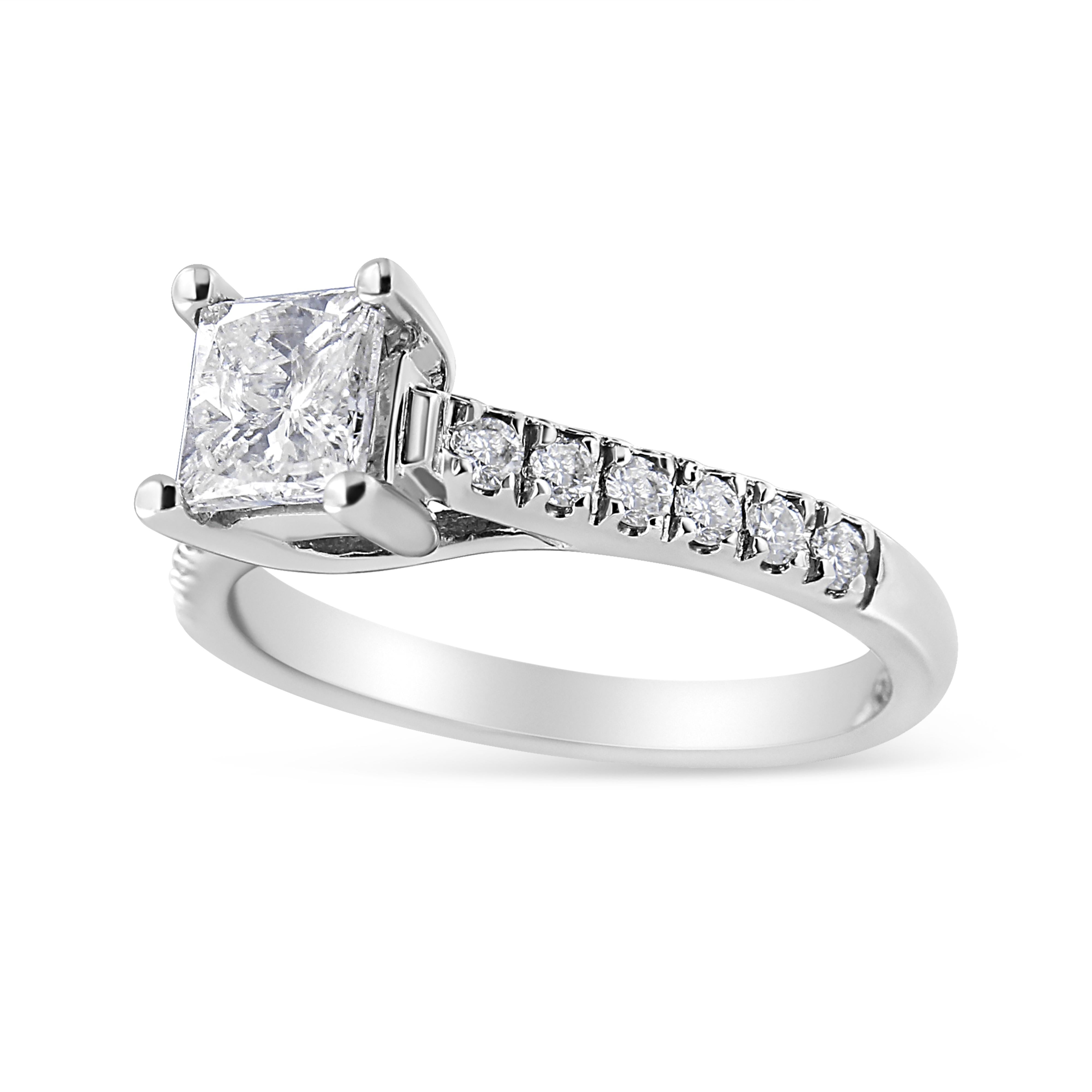 14K White Gold 1 1/5 Cttw 4-Prong Set Princess Diamond Classic Engagement Ring (I1-I2 Color, H-I Clarity) Ring Size 7