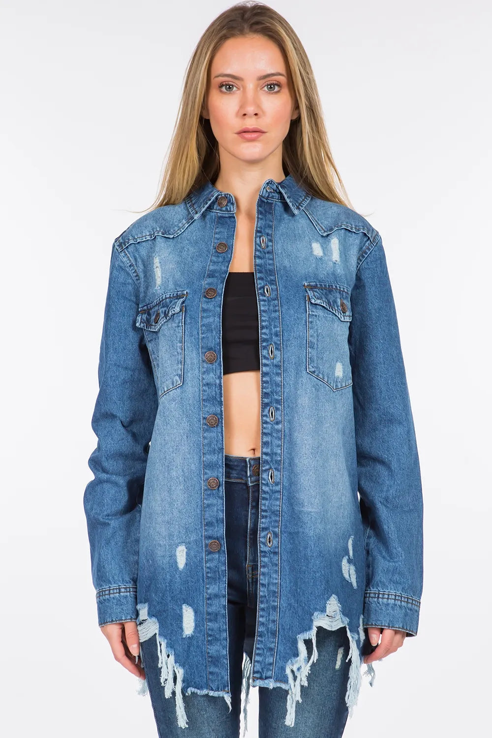 American Bazi Distressed Frayed Hem Denim Jacket - MyriadMart