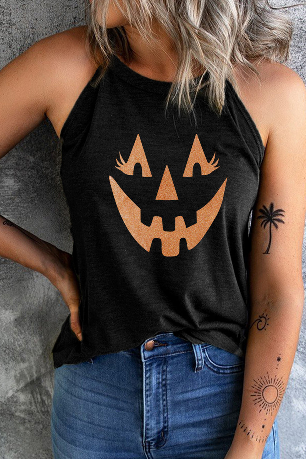 Round Neck Jack-O'-Lantern Graphic Tank Top - MyriadMart
