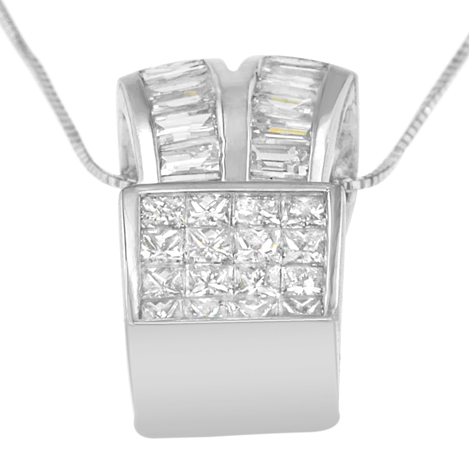 14K White Gold 1 5/8 cttw Princess and Baguette Cut Diamond Heart Ribbon Pendant Necklace G-H, VS1-VS2 on sale at MyriadMart